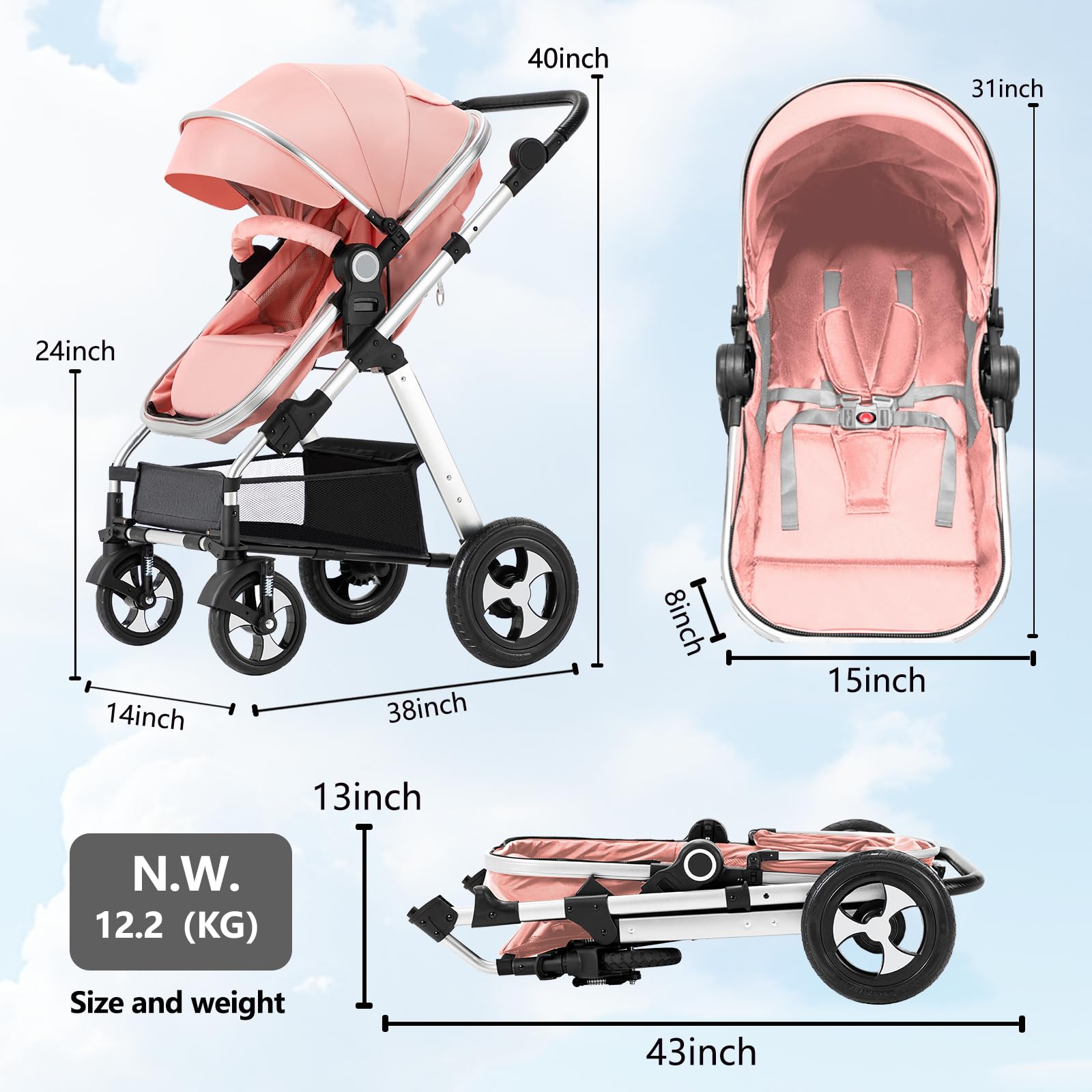 Blahoo 2-in-1 Baby Stroller for Newborns & Toddlers | Foldable Lightweight Aluminum Alloy Pushchair with Adjustable Backrest & Canopy | Perfect for City Walks, Shopping & Travel