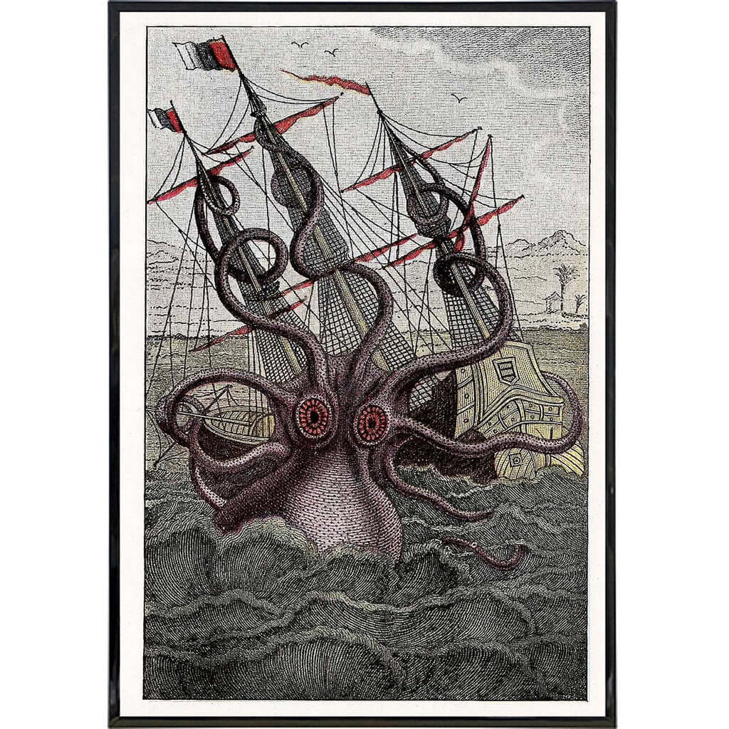 Vintage Kraken Illustration Print - Mythical Sea Monster Wall Art for Home, Office & Nautical Decor