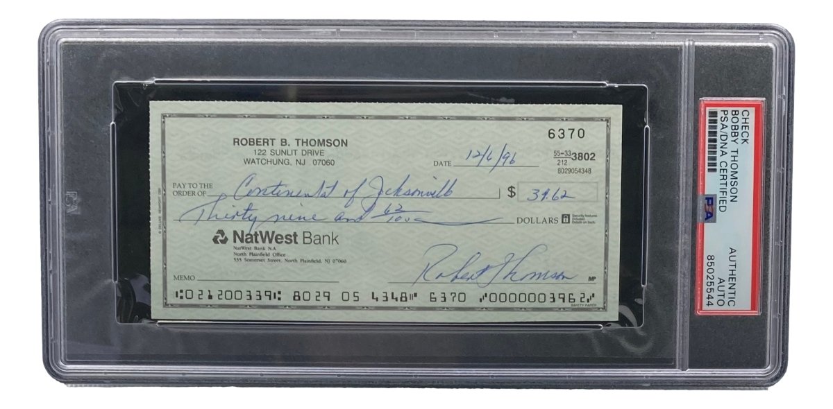Authentic Bobby Thomson New York Giants Signed Bank Check with PSA/DNA Certification 85025544 - Perfect for Sports Memorabilia Collectors and Baseball Fans