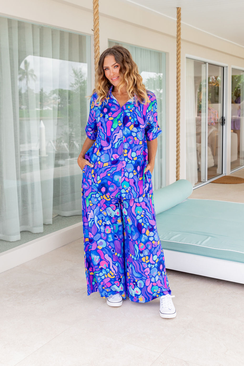 Kasey Rainbow Larsa Pants - Women's High Waisted Flowy Beach Pants in Reef Blue | Perfect for Summer Vacations, Beach Outings & Boho Fashion