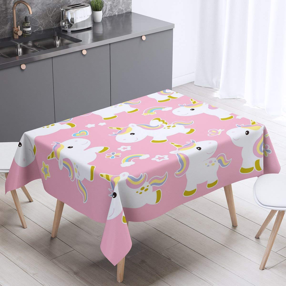 Cute Unicorn Print Tablecloth for Kids - Rainbow Stars Cartoon Table Cover for Girls, Round 55 Inch Waterproof Dining Table Cloth for Kitchen, Party, Birthday Decor & Home Decoration
