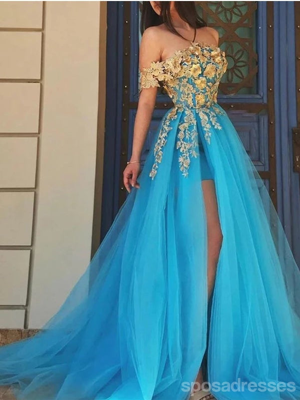 Floral Blue A-Line Off-Shoulder High Slit Long Prom Dresses for Women - Elegant Formal Evening Gowns for Homecoming, Pageant, and Special Occasions