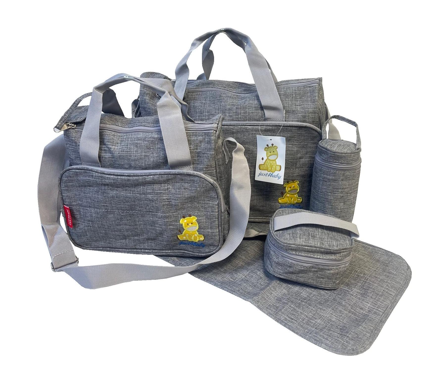 Just4baby 5pcs Waterproof Diaper Changing Bags - Grey Large Set with Multi Sections for Baby Care & Travel