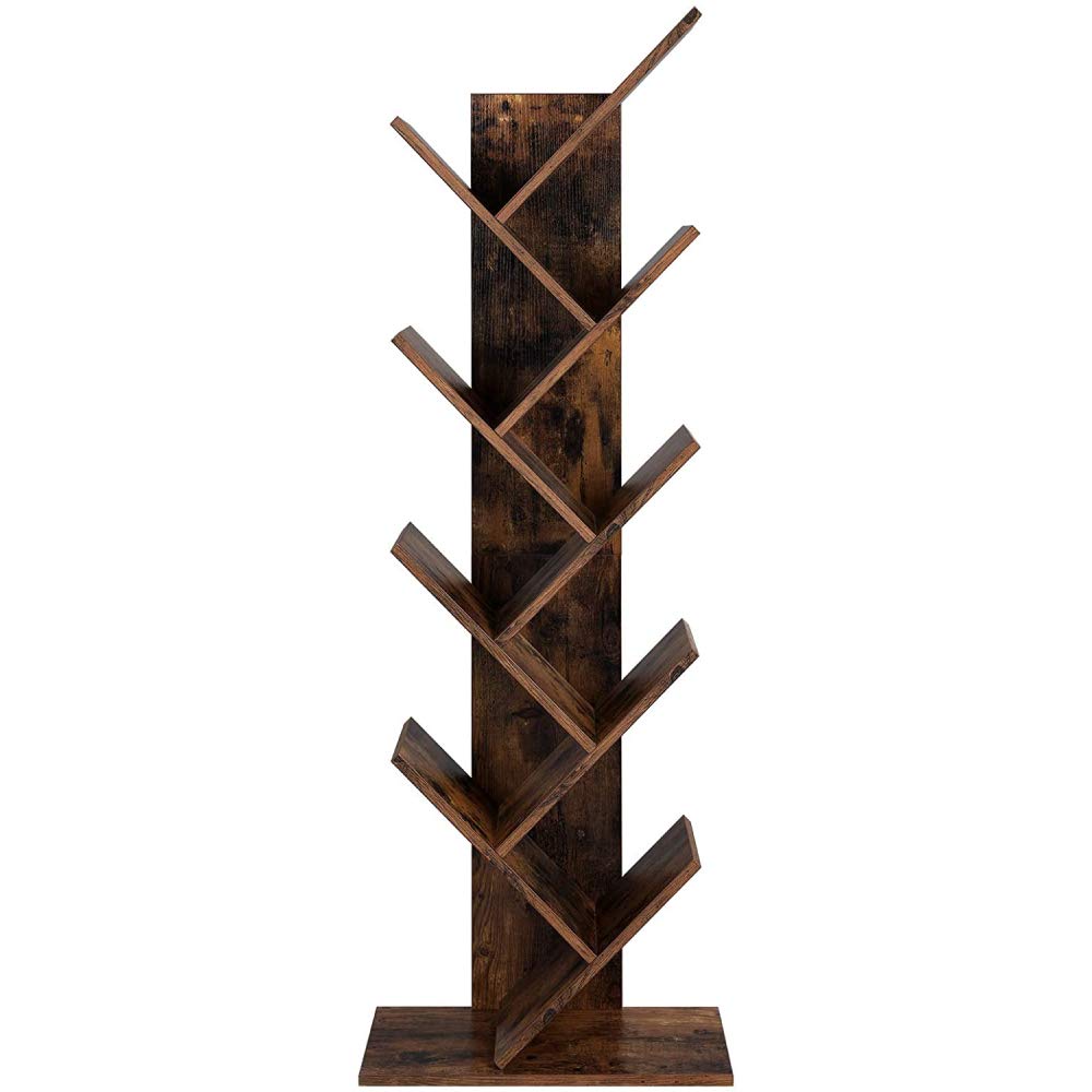 9-Shelf Bookcase Rack - Free Standing Wooden Tree Bookshelf Organizer for Books, Movies, Video Games & CDs - Rustic Brown - Perfect for Living Room, Bedroom, Office & Library Storage