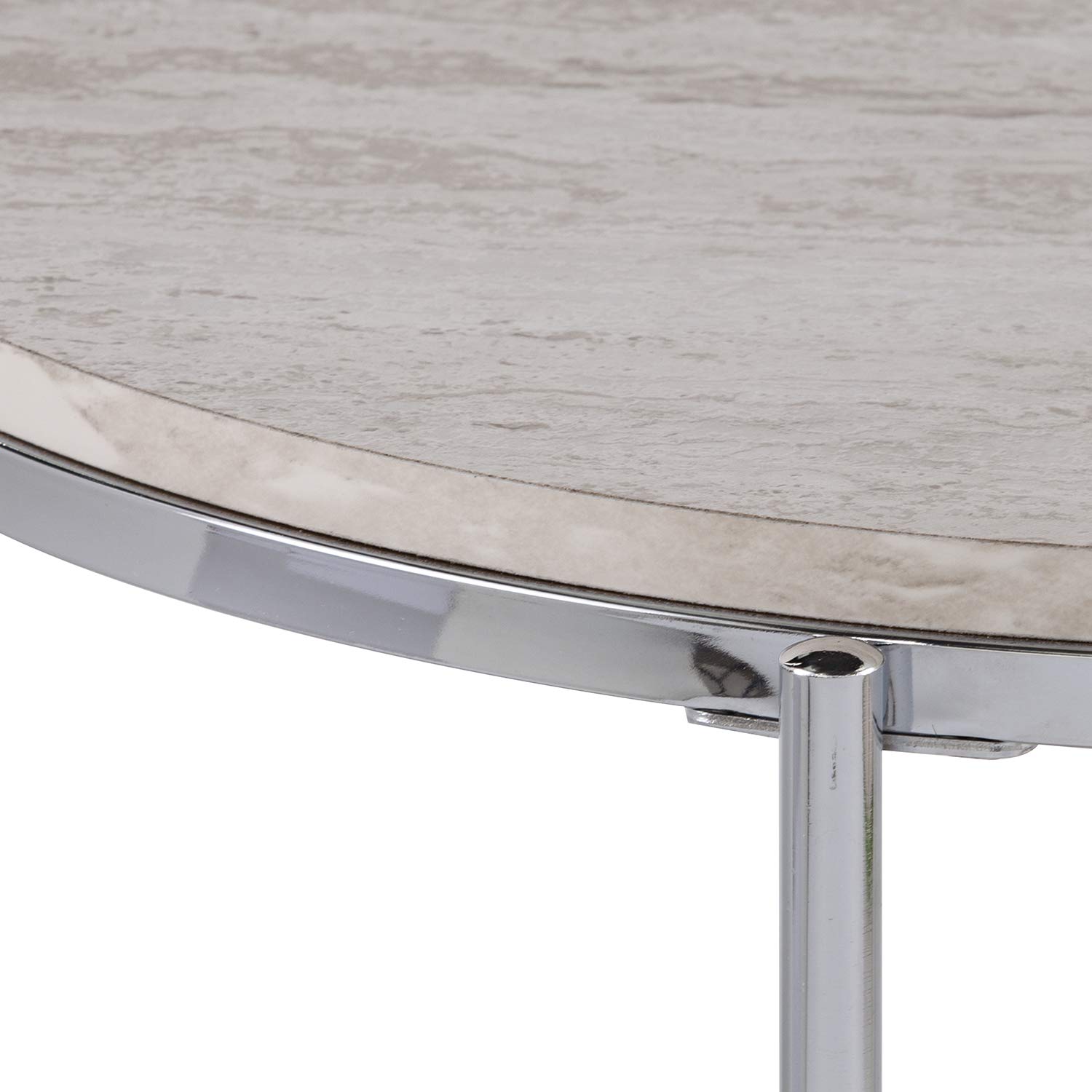 SEI Furniture Silas Round Faux Stone End Table - Silver Finish | Modern Accent Table for Living Room, Bedroom & Office Decor