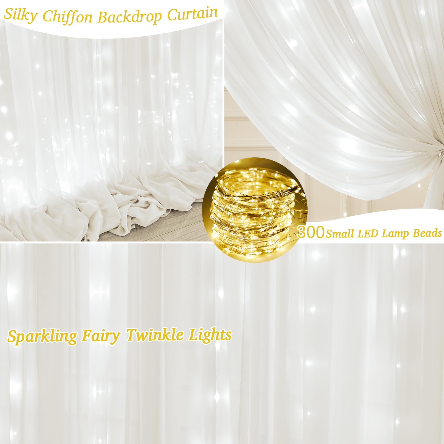 10x10ft Cream White Chiffon Backdrop with Fairy Lights - Elegant Wedding Decor, Baby Shower, Bridal Shower, Birthday Party & Reception Photo Backdrop - Perfect for Indoor/Outdoor Events & Photography Studio Background