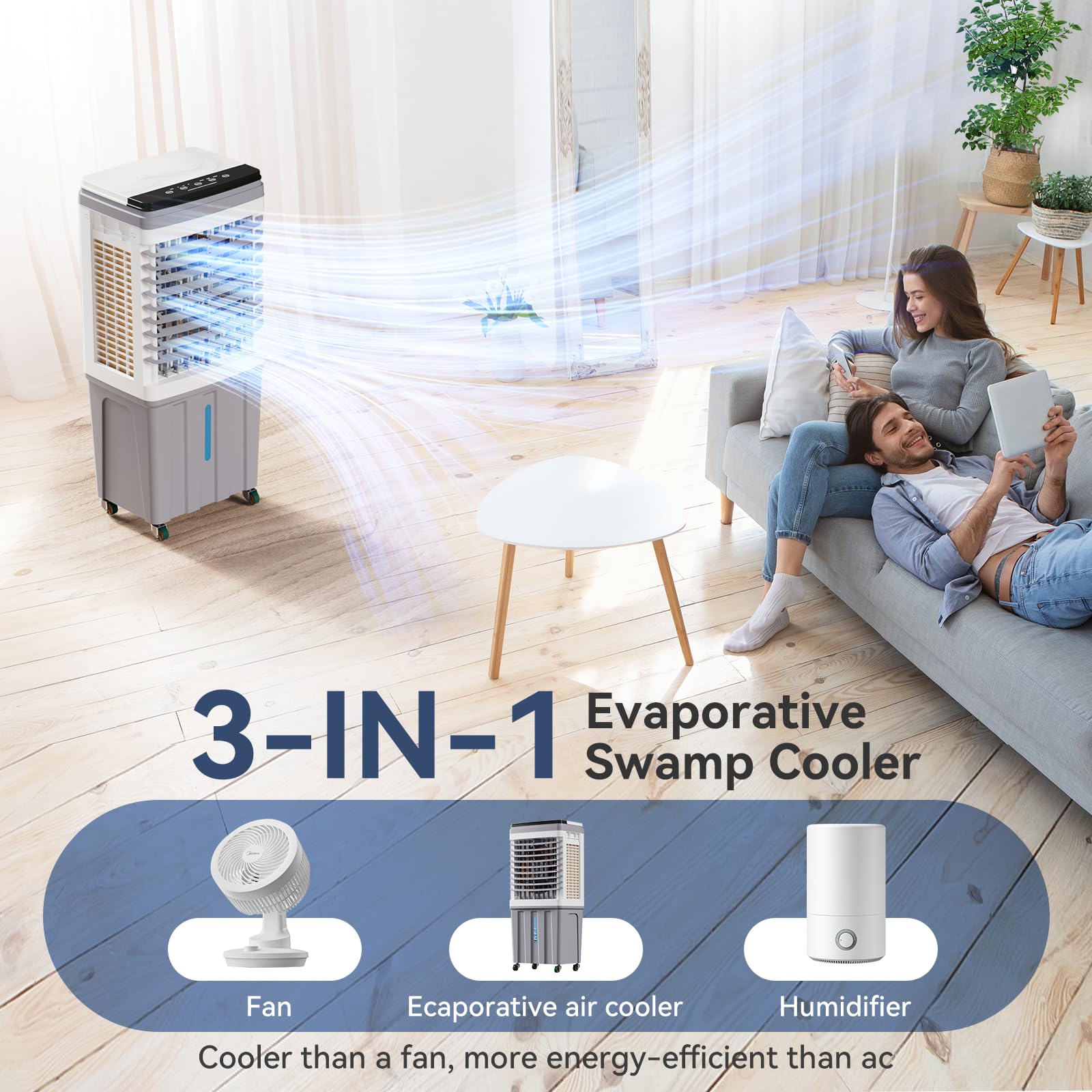 3-IN-1 Portable Evaporative Air Cooler with 2353 CFM - 9.2 Gallon Water Tank Swamp Cooler - Remote & Touch Control - 90°+120° Oscillation - Indoor Outdoor Air Cooling Fan for Home, Office, Patio, and Camping