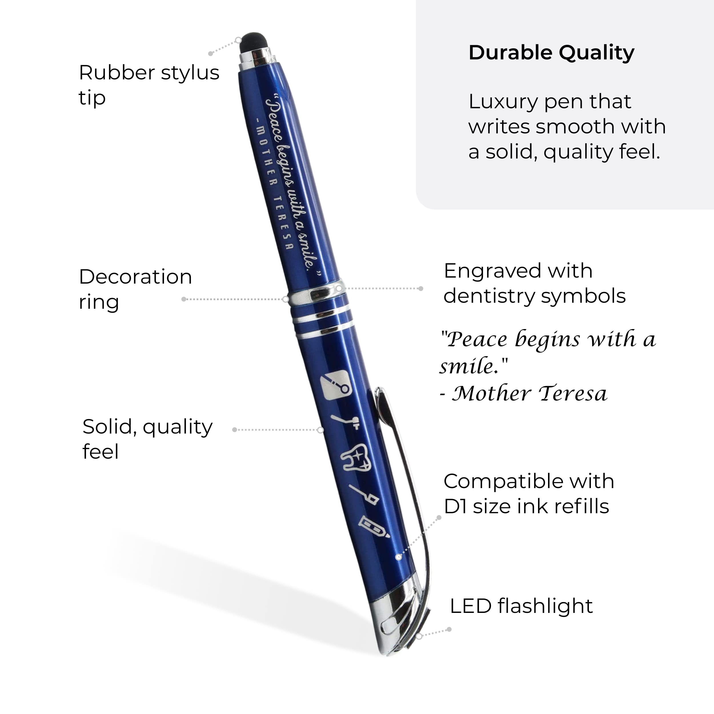 Dentist Gift Pen with LED Light & Stylus - Inspirational Quote 'Peace Begins with a Smile' - Multi-Functional Writing Tool for Dentists, Hygienists, Assistants & Students | Perfect for Dental Offices, Clinics & Graduation Gifts