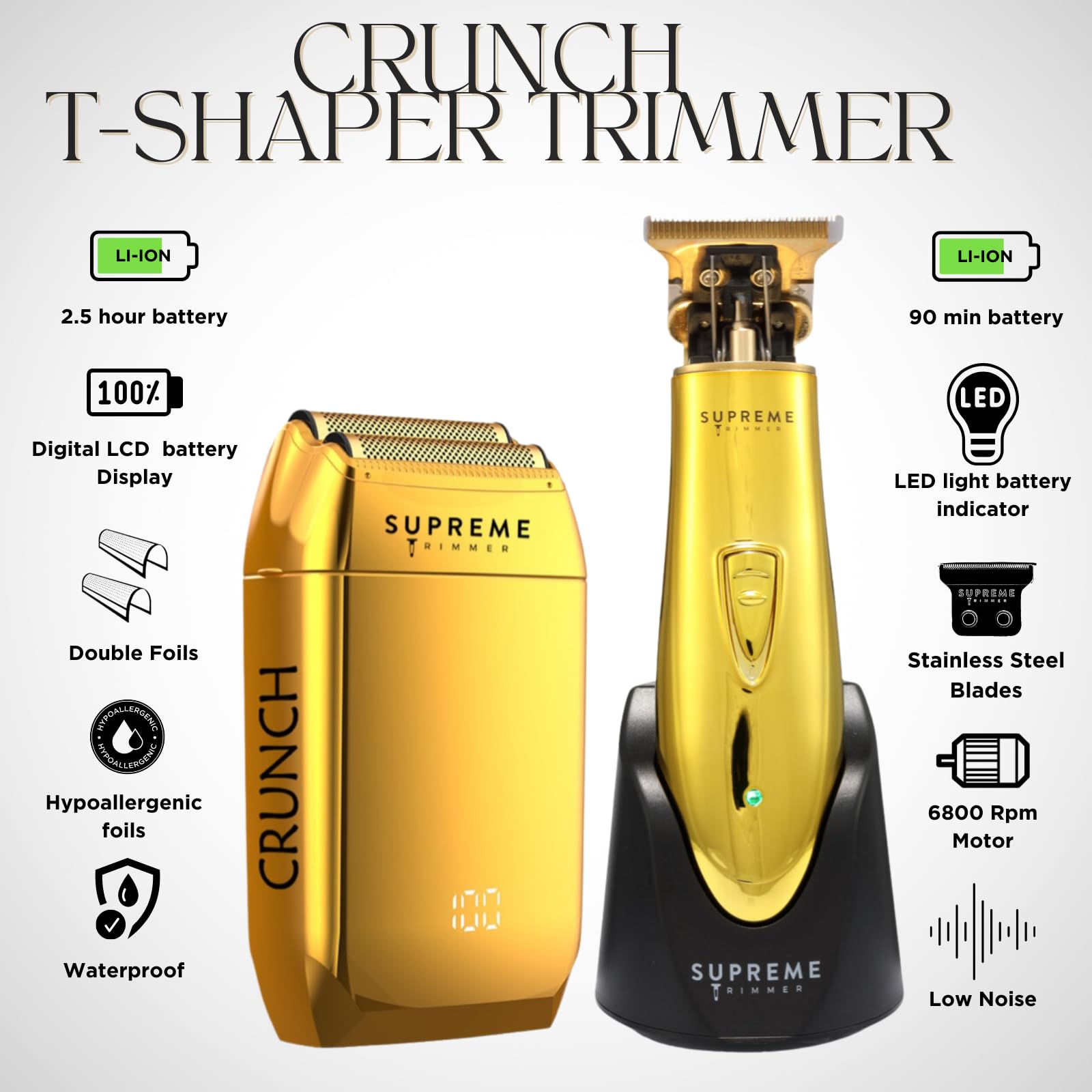 Premium 2-in-1 Electric Razor & Beard Trimmer Kit - Supreme Trimmer STF602 & ST5200 Gold Edition | Professional T-Shaper & Crunch Foil Shaver for Men | Perfect for Home Grooming, Barber Shops & Travel