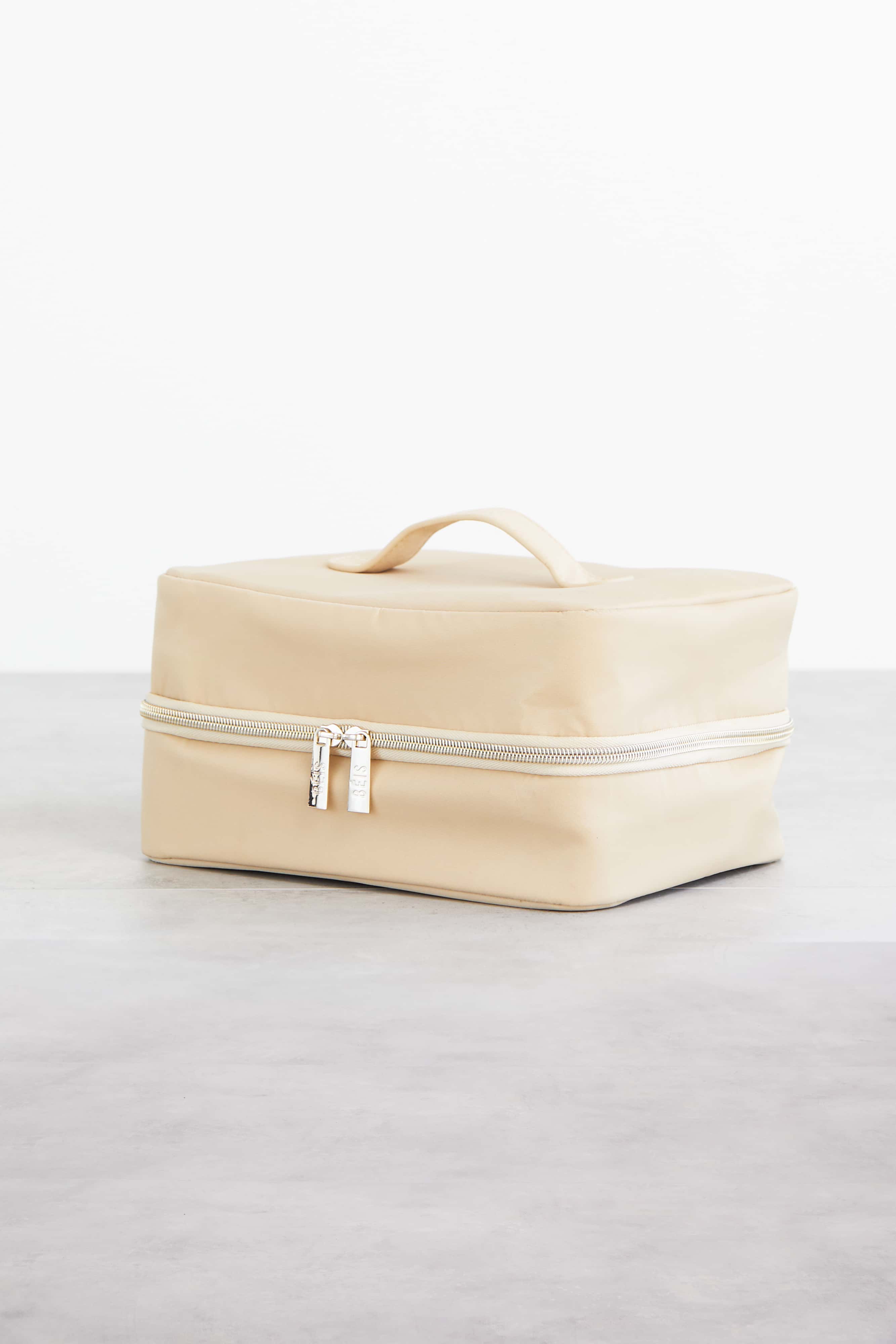Beige Hanging Cosmetic Bag - Travel Makeup Organizer with Hooks for Bathroom, Dorm, or Gym Storage | Portable & Spacious Toiletry Pouch