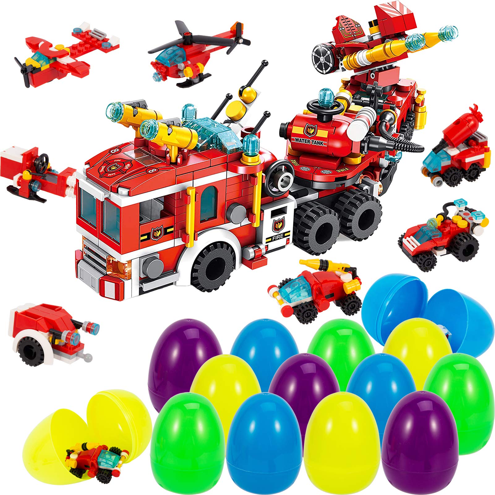 Acekid 12-Piece Easter Eggs with Engineering Building Blocks - 25-in-1 Fire Truck STEM Toys for Kids, Easter Egg Hunt Prizes, Basket Stuffers & Classroom Rewards - Perfect for Easter Gifts, Birthday Party Favors and STEM Learning Activities