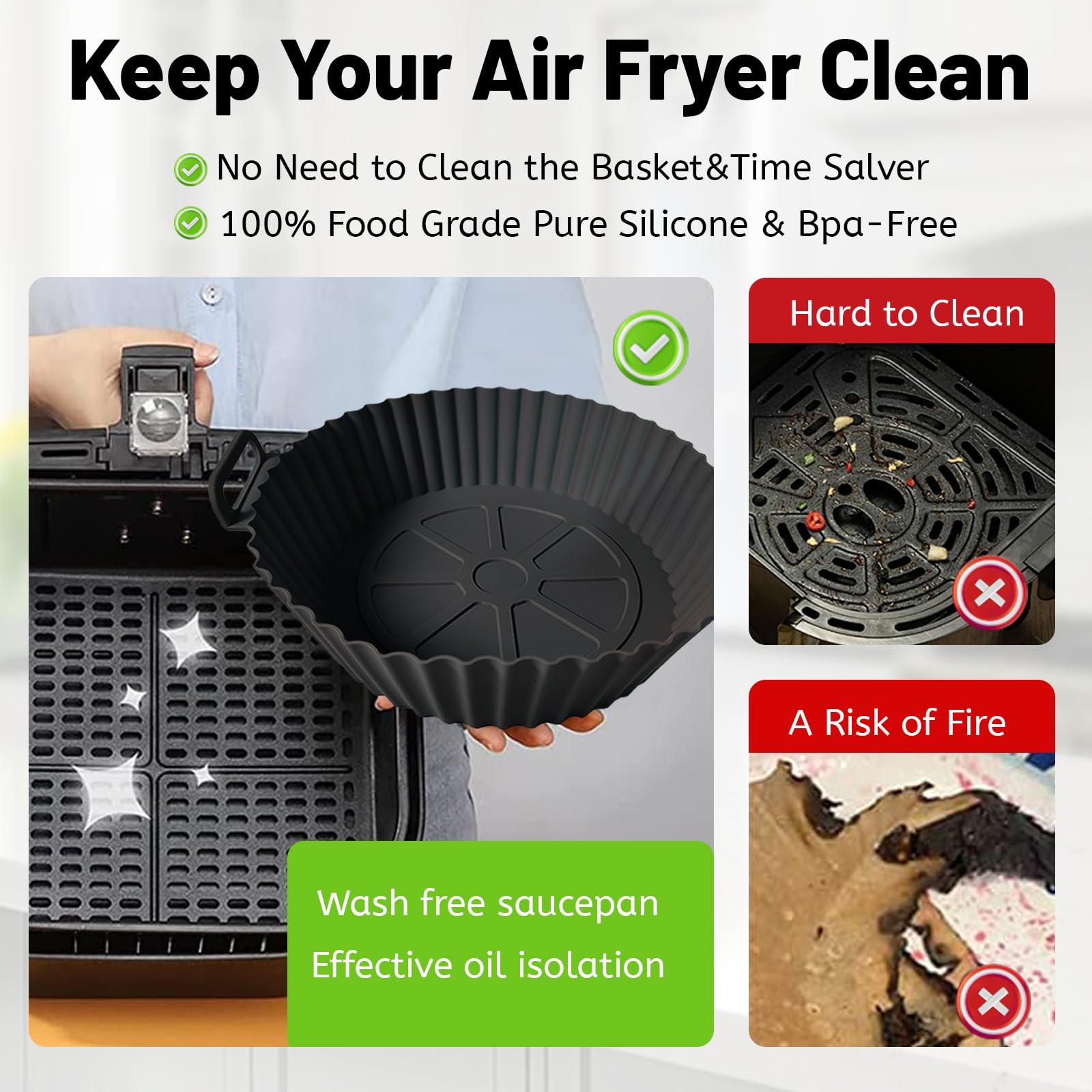 Kookkit 2 Pack Reusable Silicone Air Fryer Liners for 3-5 QT - Non-Stick Oven & Microwave Safe Accessories (7.87x6.69x1.97 Inches, Gray & Black) - Perfect for Healthy Cooking, Baking, and Meal Prep