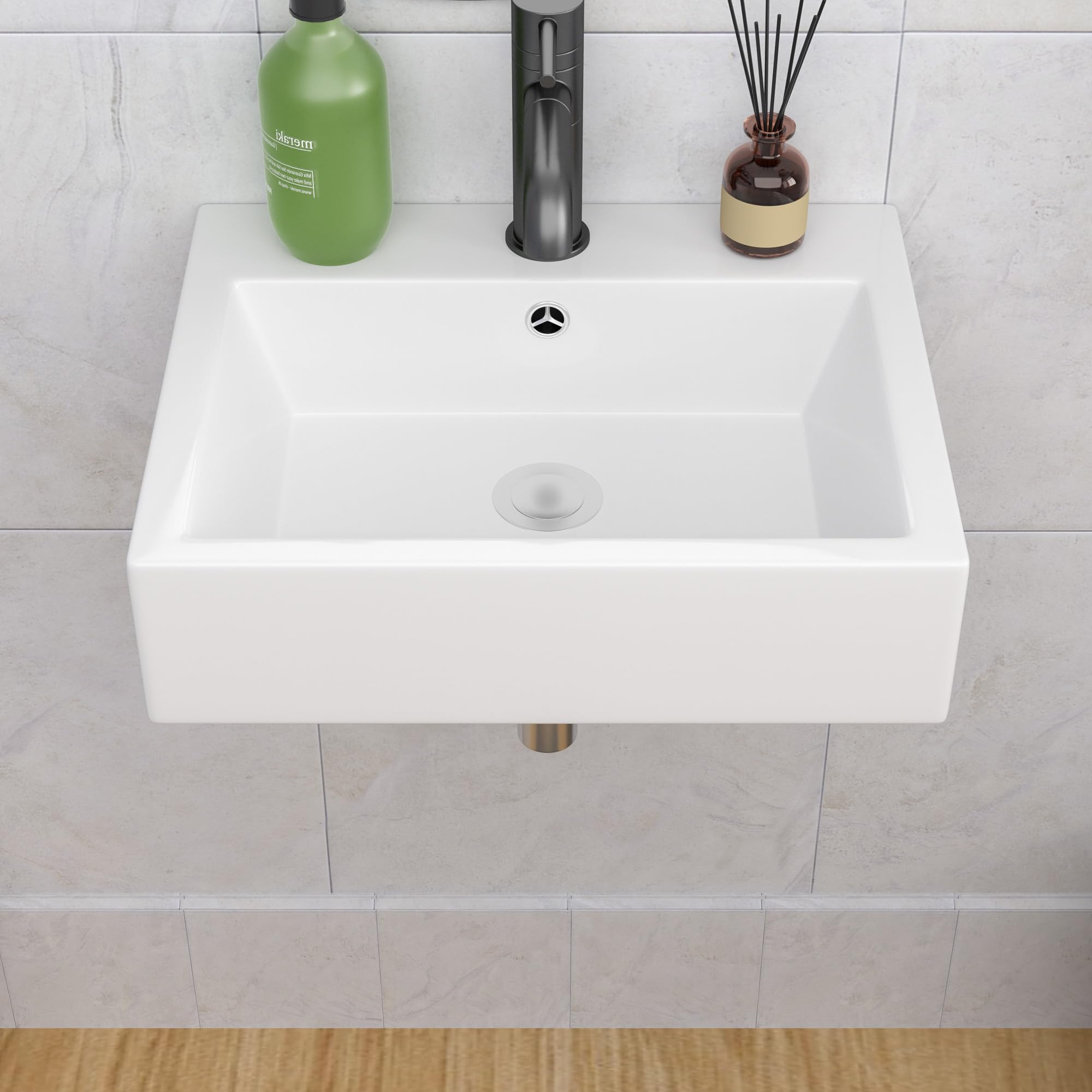 Lepuday 22x18 Inch White Ceramic Wall Mount Sink - Floating Vessel Bathroom Sink, Rectangle Wall Hung Basin for Modern & Space-Saving Bathroom Design