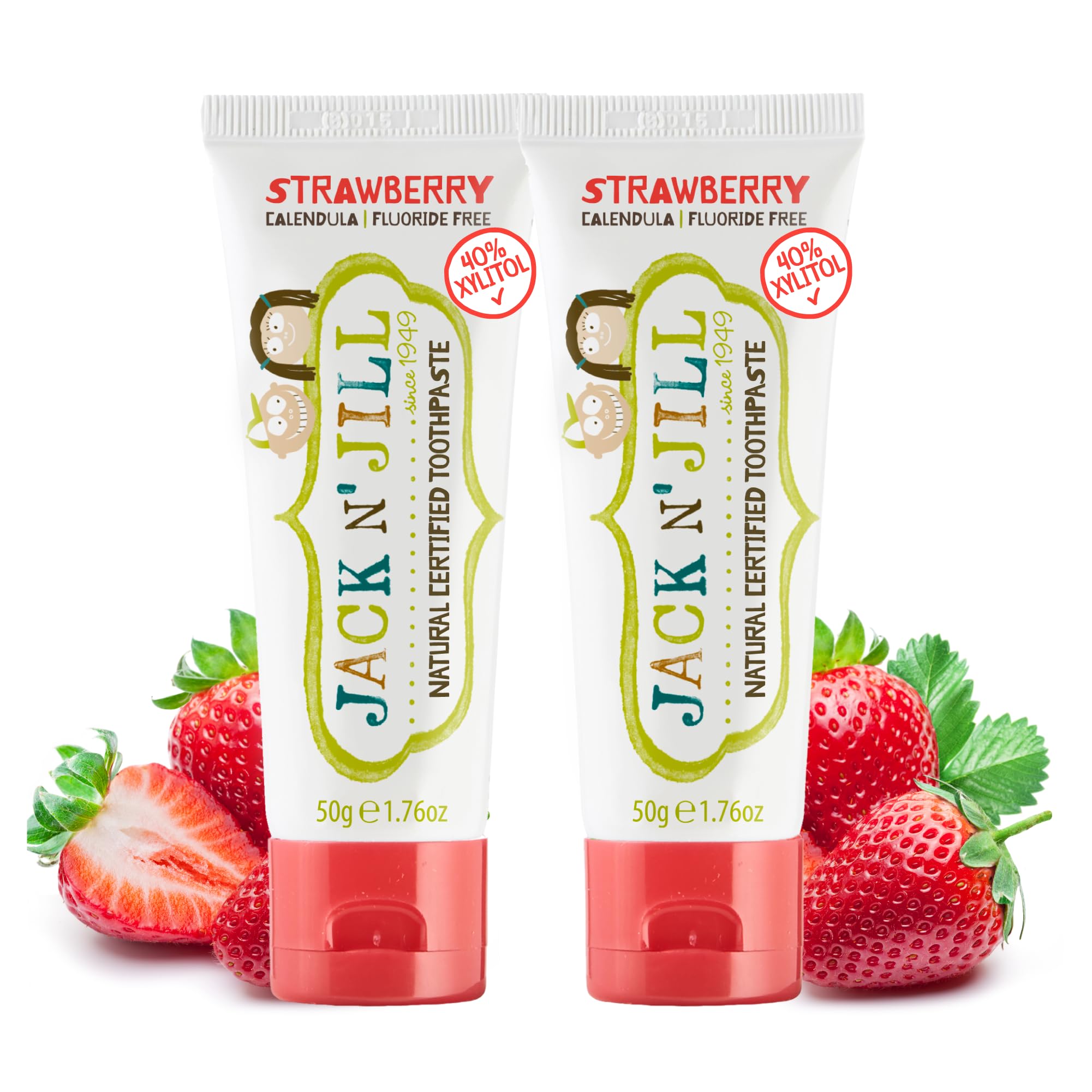 Jack N' Jill Natural Kids Toothpaste - Strawberry Flavor, 1.76oz (Pack of 2) | Fluoride-Free, Organic & Safe for Babies & Toddlers | Perfect for Daily Brushing & Travel