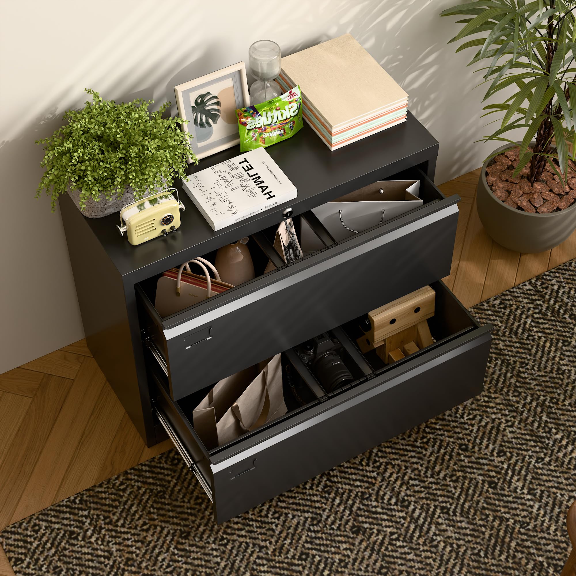 METAN 2-Drawer Metal Lateral Filing Cabinet - Locking Steel File Storage for Legal/Letter/A4 Documents - Black Home Office Organizer | Perfect for Office, Study Room & Home Workspace Organization