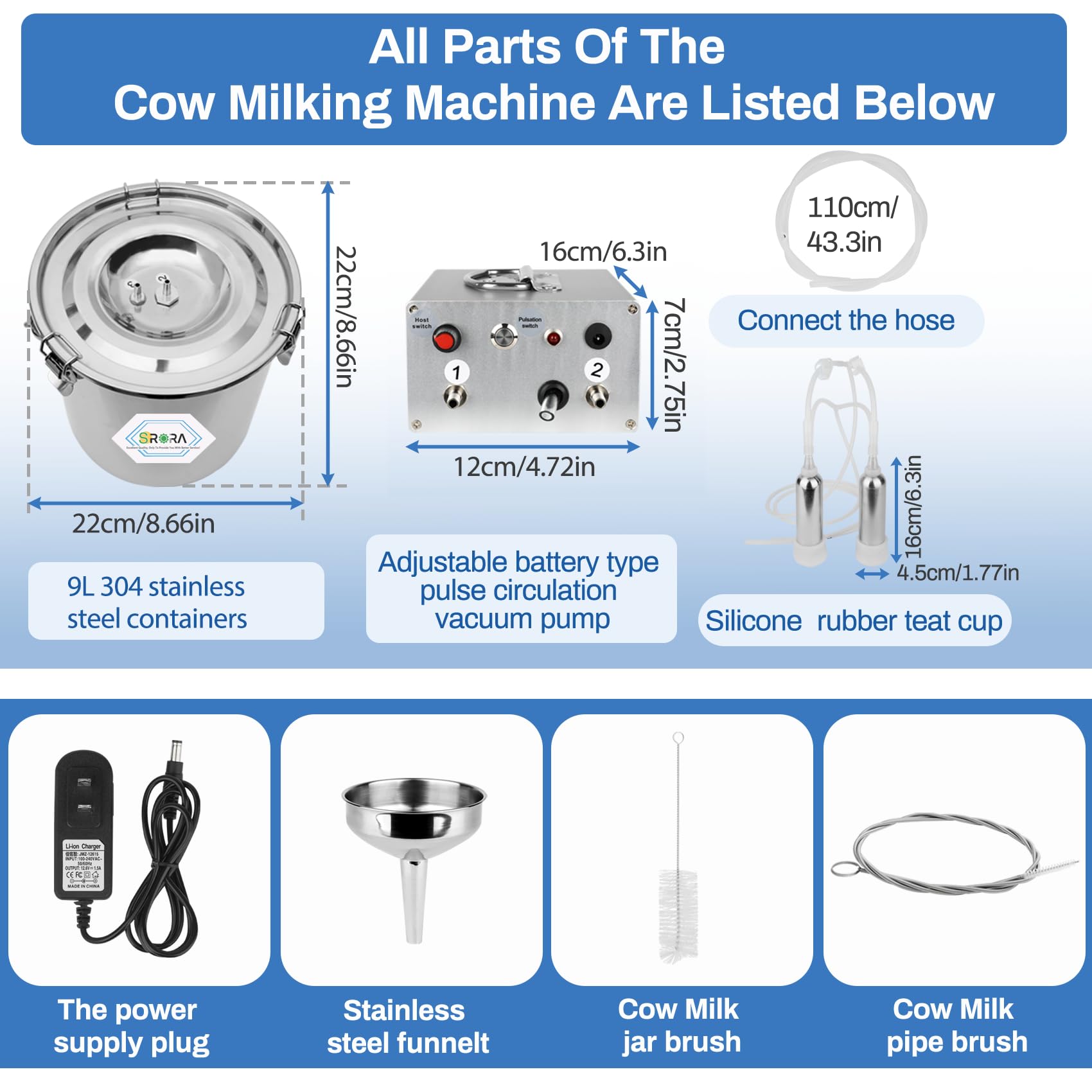 9L Electric Cow Milking Machine with Rechargeable Battery - Adjustable Pulse Vacuum & Individual Pulsation for Udder Protection - Portable Dairy Milking Equipment for Small Farms & Homesteads - Perfect for Daily Milking, Cattle Shows & Emergency Use