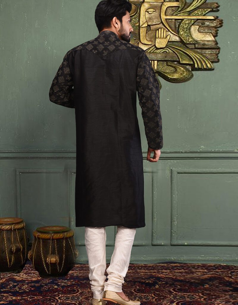 Black Kurta Dupion Silk Churidar Set for Women - Elegant Indian Ethnic Wear for Festivals, Weddings & Special Occasions