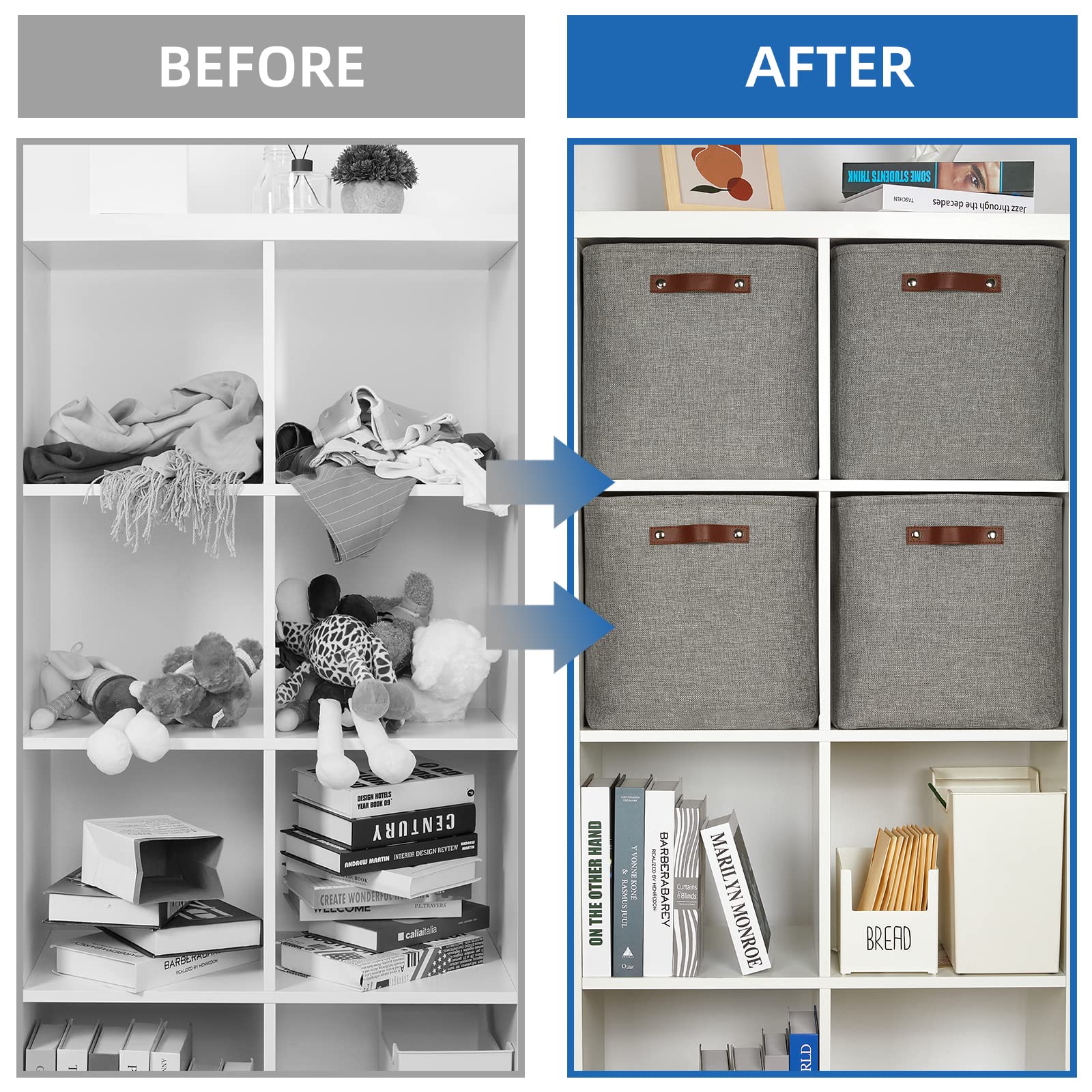 13 Inch Fabric Storage Cubes with Leather Handles - Set of 4 Grey Organizer Bins for Shelves, Home & Office - Perfect for Toys, Books, Clothes and Home Organization