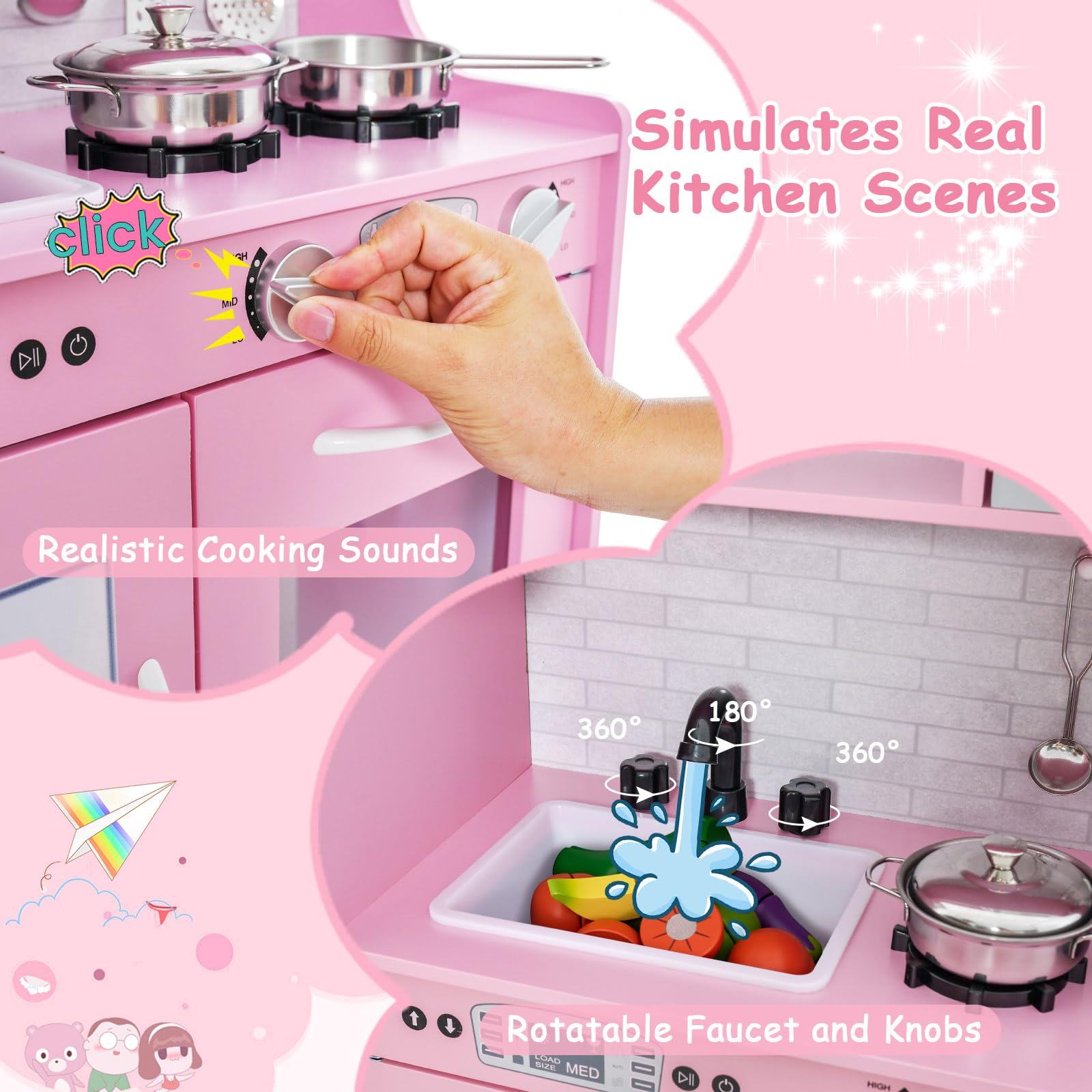 **HONEY JOY Pink Wooden Kids Kitchen Playset - Pretend Chef Toy with Chalkboard, Telephone, Utensils, Oven, Microwave & Sink - Toddler Play Kitchen for Boys & Girls - Perfect Gift for Pretend Cooking & Role Play Fun**    *(Ideal for Birthday Gifts, Preschool Learning, Imaginative Play & Toddler Development)*