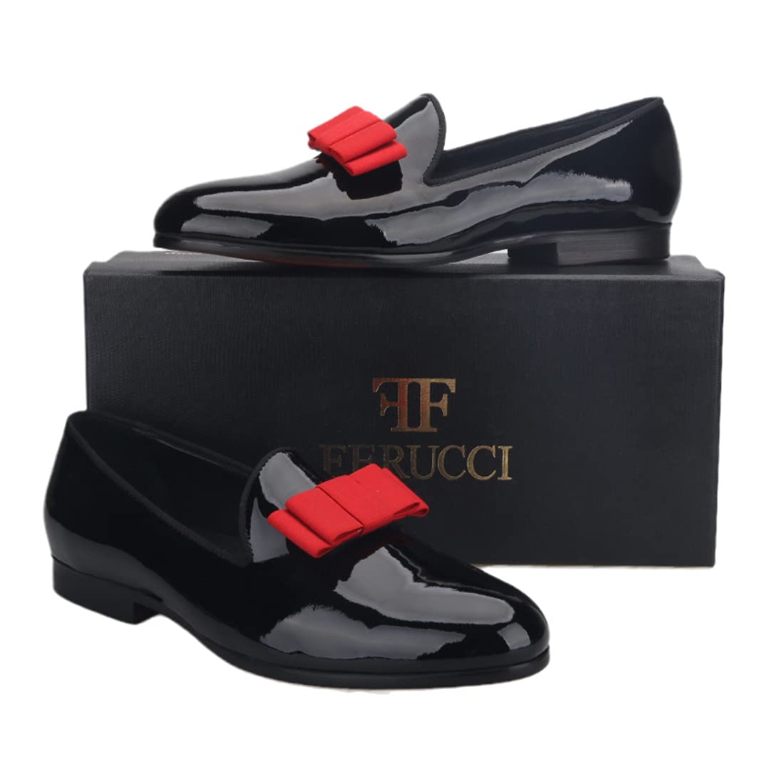 FERUCCI Men's Black Patent Leather Loafers with Red Bow - Formal Dress Shoes for Prom, Wedding & Special Occasions