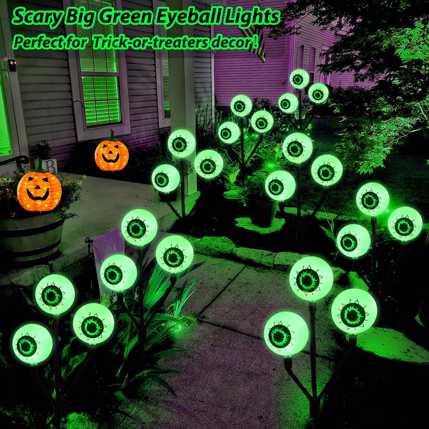 12 LED Solar Halloween Eyeball Lights - 4 Pack Big Green Outdoor Pathway Lights for Halloween Party, Yard, Tombstone Decorations | Spooky Atmosphere for Trick or Treat, Haunted House, and Halloween Night