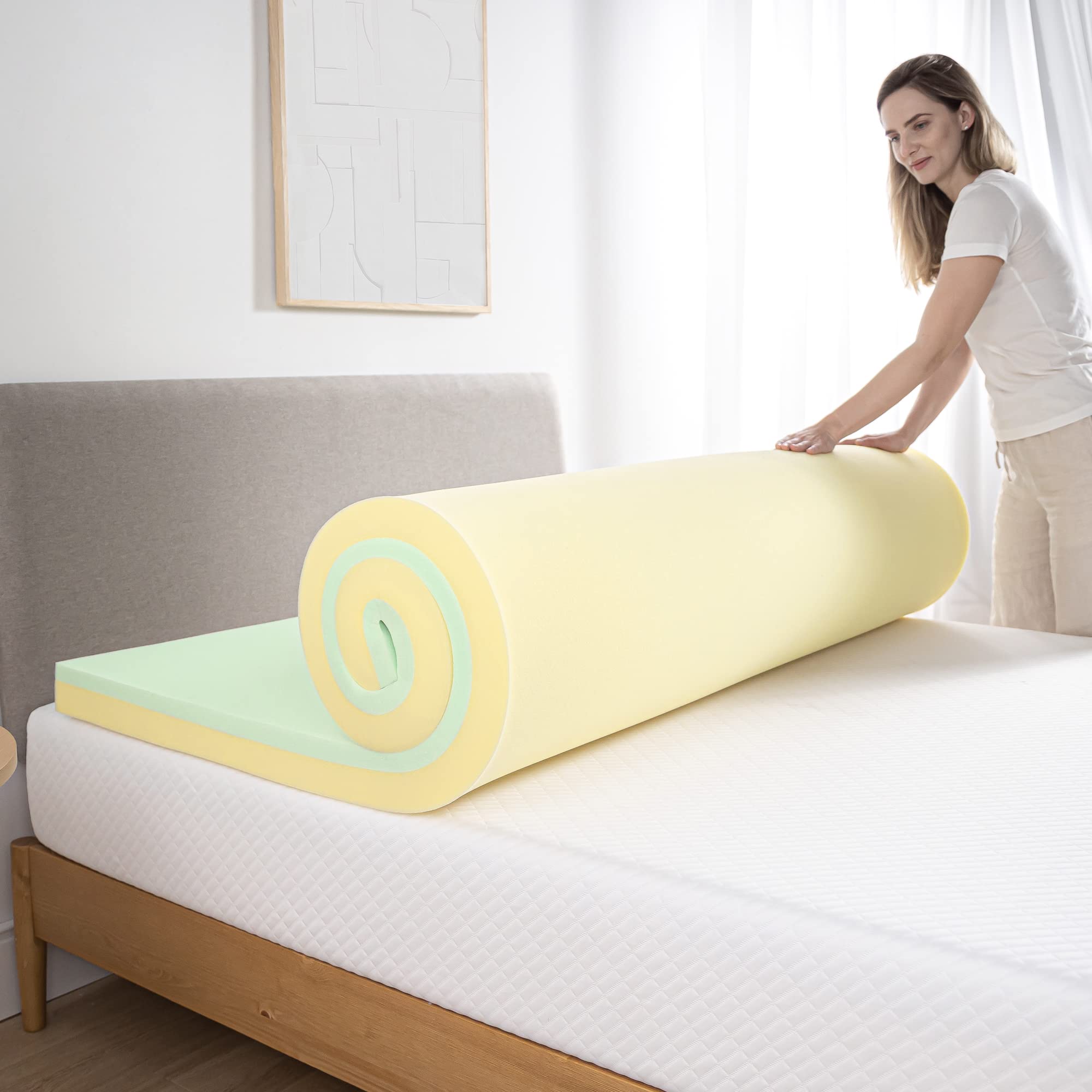 ZINUS 3 Inch Green Tea Memory Foam Mattress Topper Queen Size - Pressure Relieving, CertiPUR-US Certified Cooling Mattress Pad - Perfect for Back Pain Relief & Hot Sleepers, Fits Queen Beds