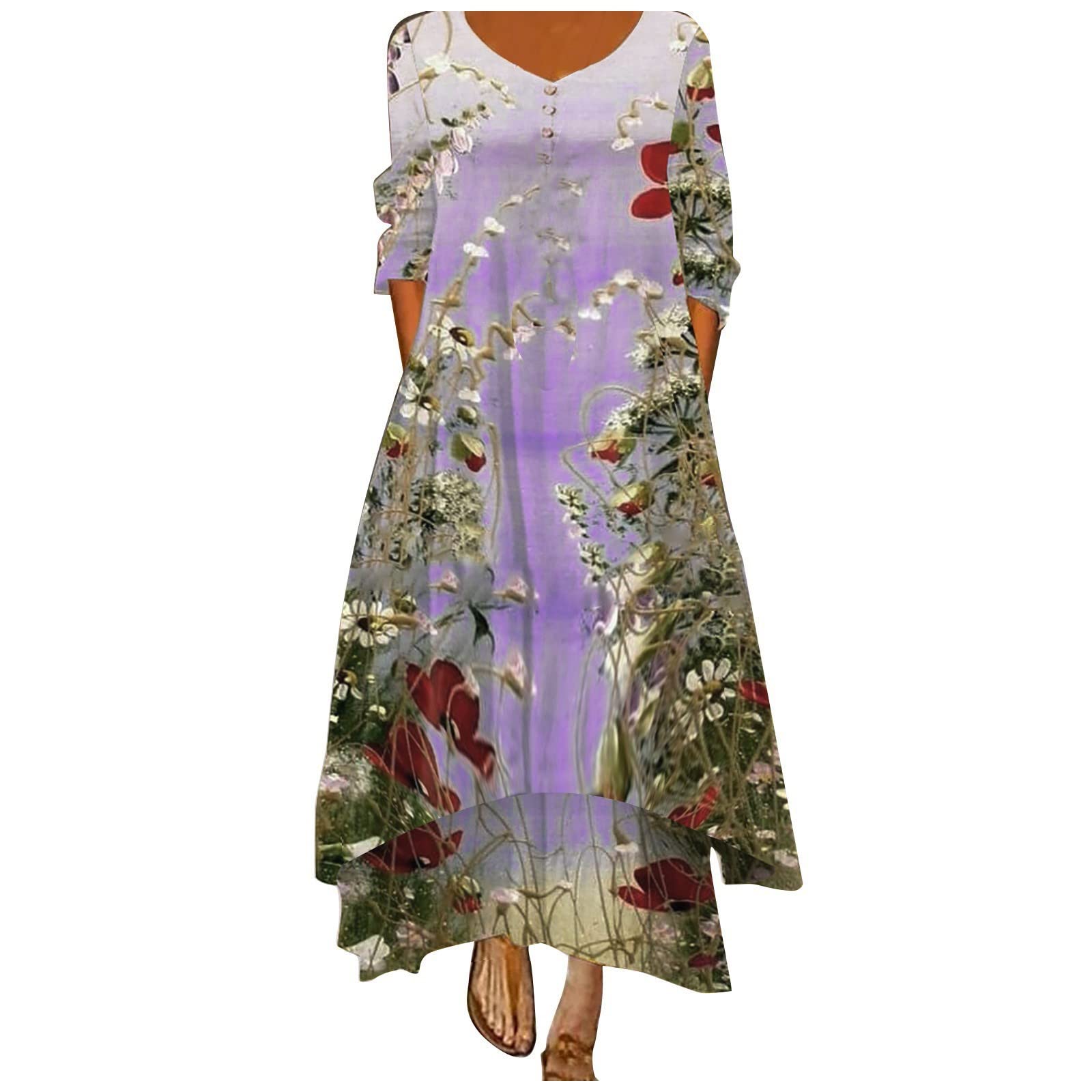 Floral Cotton Long Sleeve V-Neck Button Down Maxi Dress for Women with Pockets - Elegant Slim Shirt Dress for Casual Wear, Office, Date Night & Special Occasions