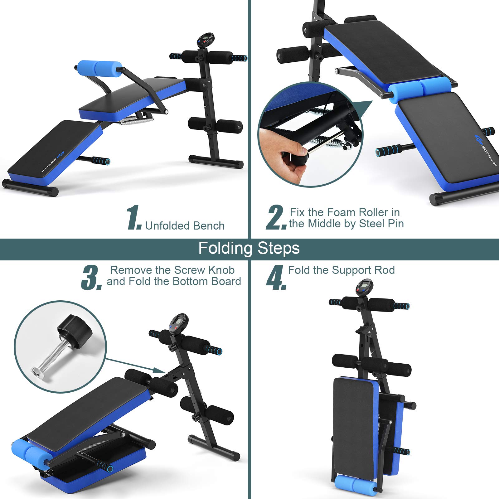 Goplus 6-in-1 Adjustable Sit Up Bench - Foldable Weight Bench with LCD Monitor for Home Gym, Flat/Incline/Decline Workouts - Perfect for Strength Training, Ab Exercises & Full Body Workouts at Home, Office or Commercial Gym
