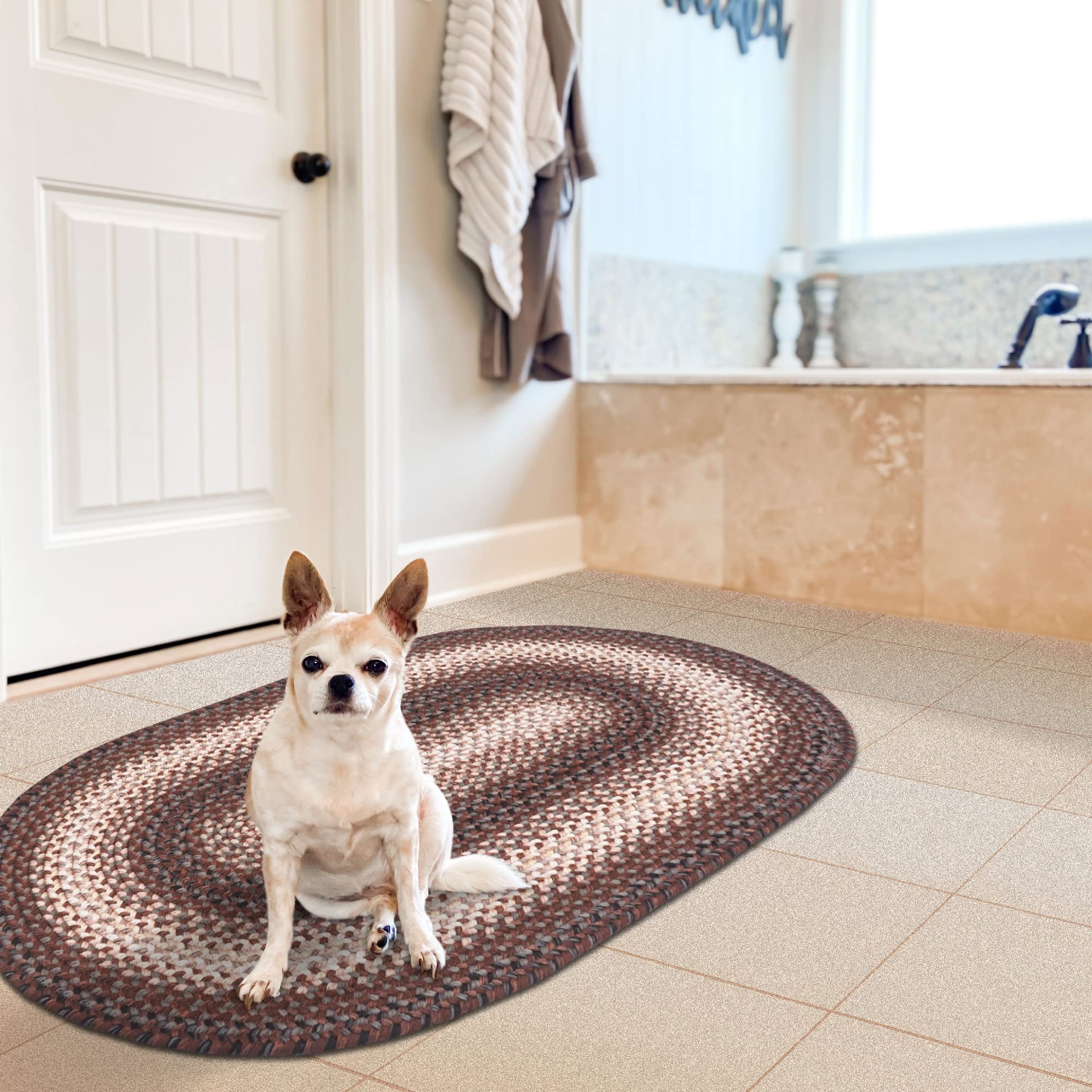 Homespice Driftwood Oval Braided Rug - Waterproof & Reversible Bath Mat, 27x45 Inch Rustic Country Style Floor Rug for Bathroom, Kitchen, Entryway - Stain Resistant Handwoven Door Mat in Black & Brown