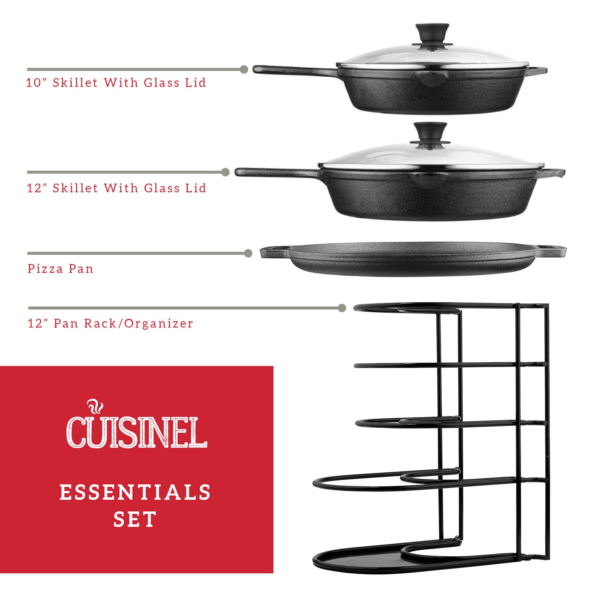 Cuisinel 9-Piece Cast Iron Cookware Set - Pre-Seasoned Skillets (10