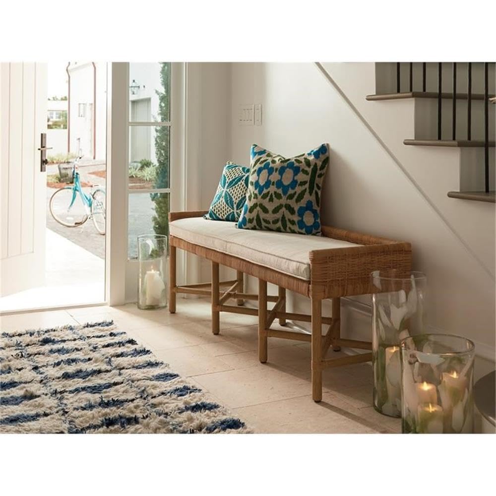 Coastal Style Pull-Up Dining Table Bench with Woven Rattan & Wicker Design - Gray Cushioned Entryway Seating for Beach Houses, Patios, and Farmhouse Decor