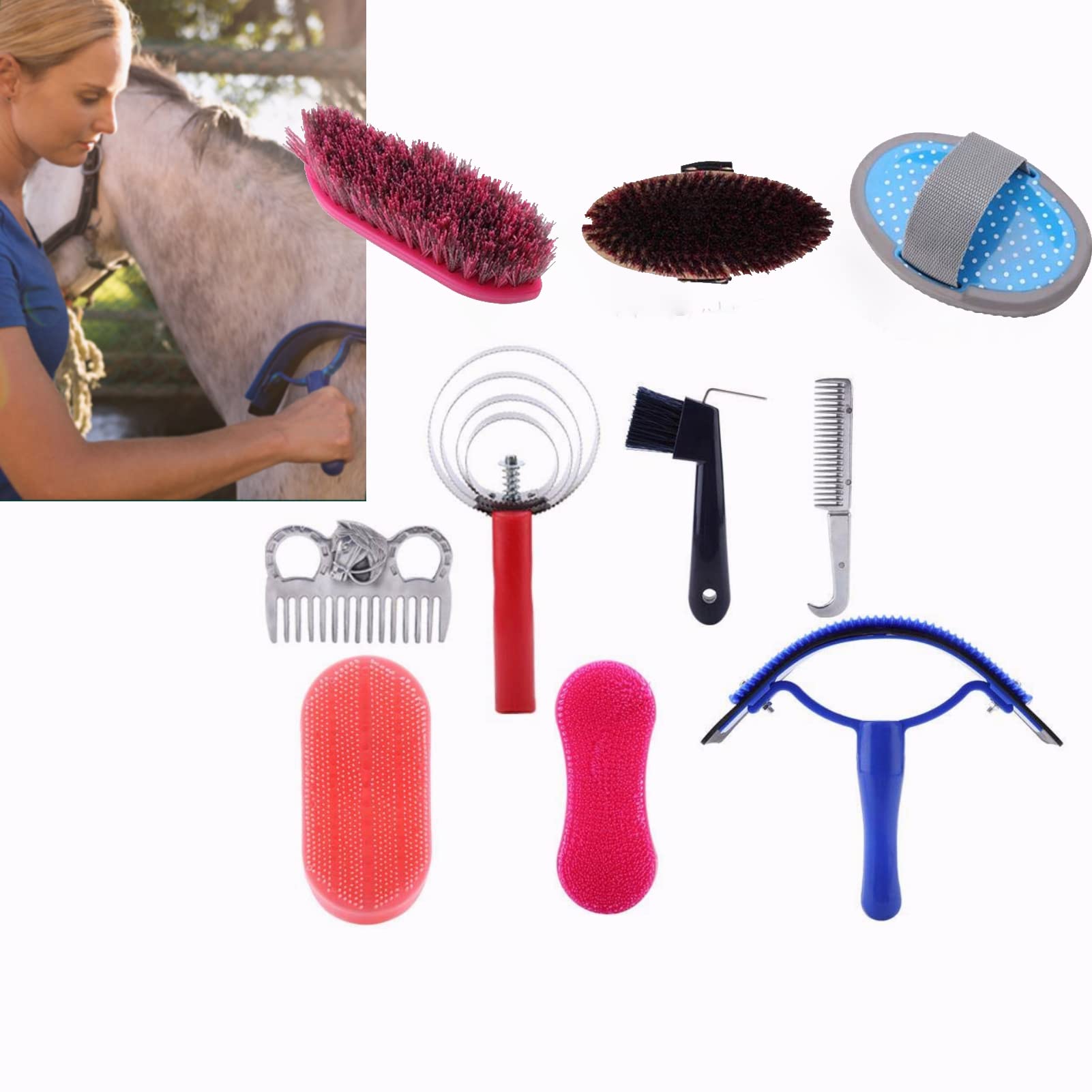 10PCS Horse Grooming Kit - Brush Set with Hoof Pick & Comb for Horse Care & Cleaning