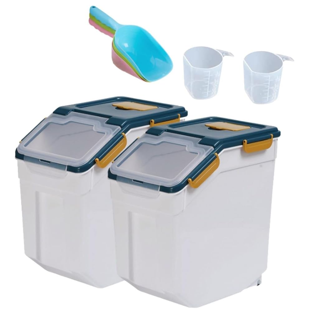 2-Pack 25Lb Large Airtight Food Storage Containers with Wheels & Locking Lid - BPA-Free Flour, Rice, Grain Bin with Measuring Cup & Scoop - Ideal for Kitchen Pantry Organization & Bulk Food Storage (Blue)