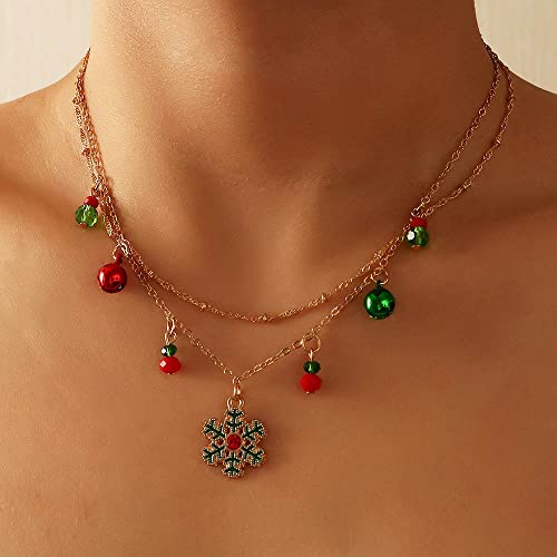 Graeen Christmas Snowflake Pendant Necklace - Gold Layered Beaded Chain with Jingle Bells | Holiday Jewelry Gift for Women & Girls | Perfect for Christmas Parties, Gift Exchanges & Festive Outfits