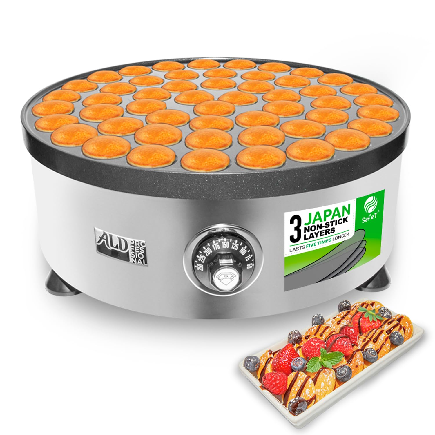 ALDKitchen Mini Dutch Pancake Maker - Nonstick Poffertjes Iron Pan for 110V | Perfect for Breakfast, Parties & Dutch Treats | Includes 50 Round Molds
