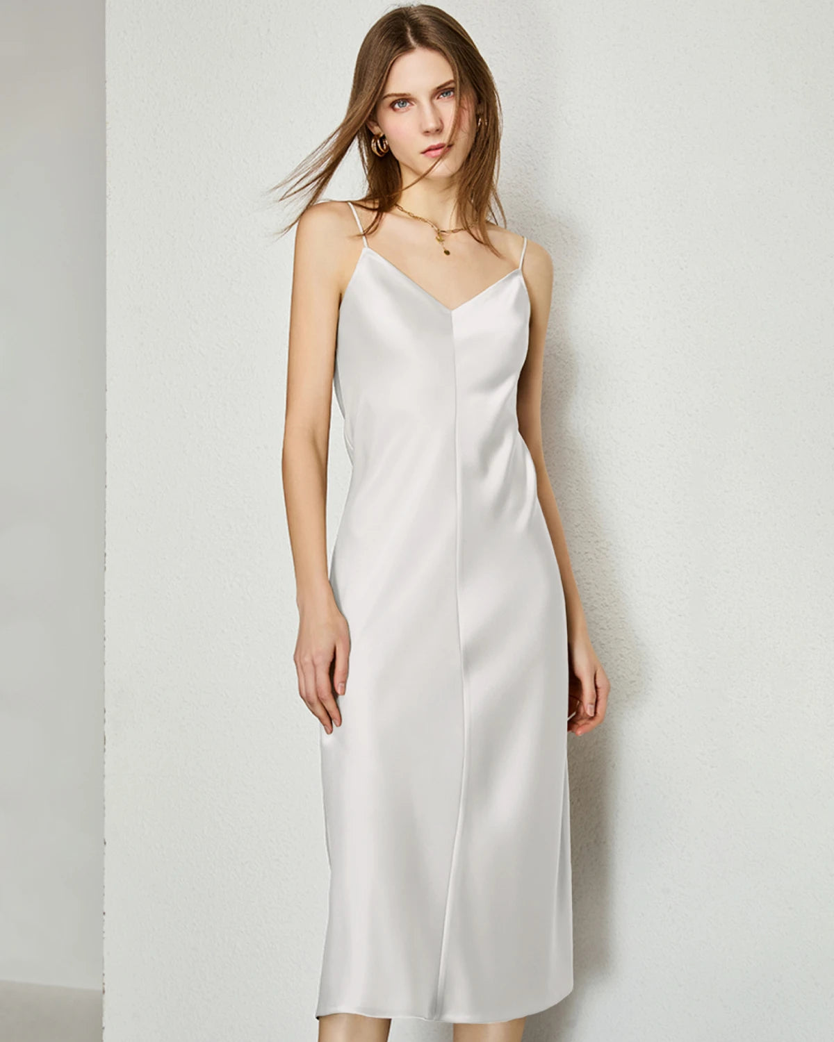 Elegant V-Neck Silk Slip Midi Dress for Women - Comfortable & Stylish Summer Evening Dress for Date Night, Wedding Guest or Cocktail Party