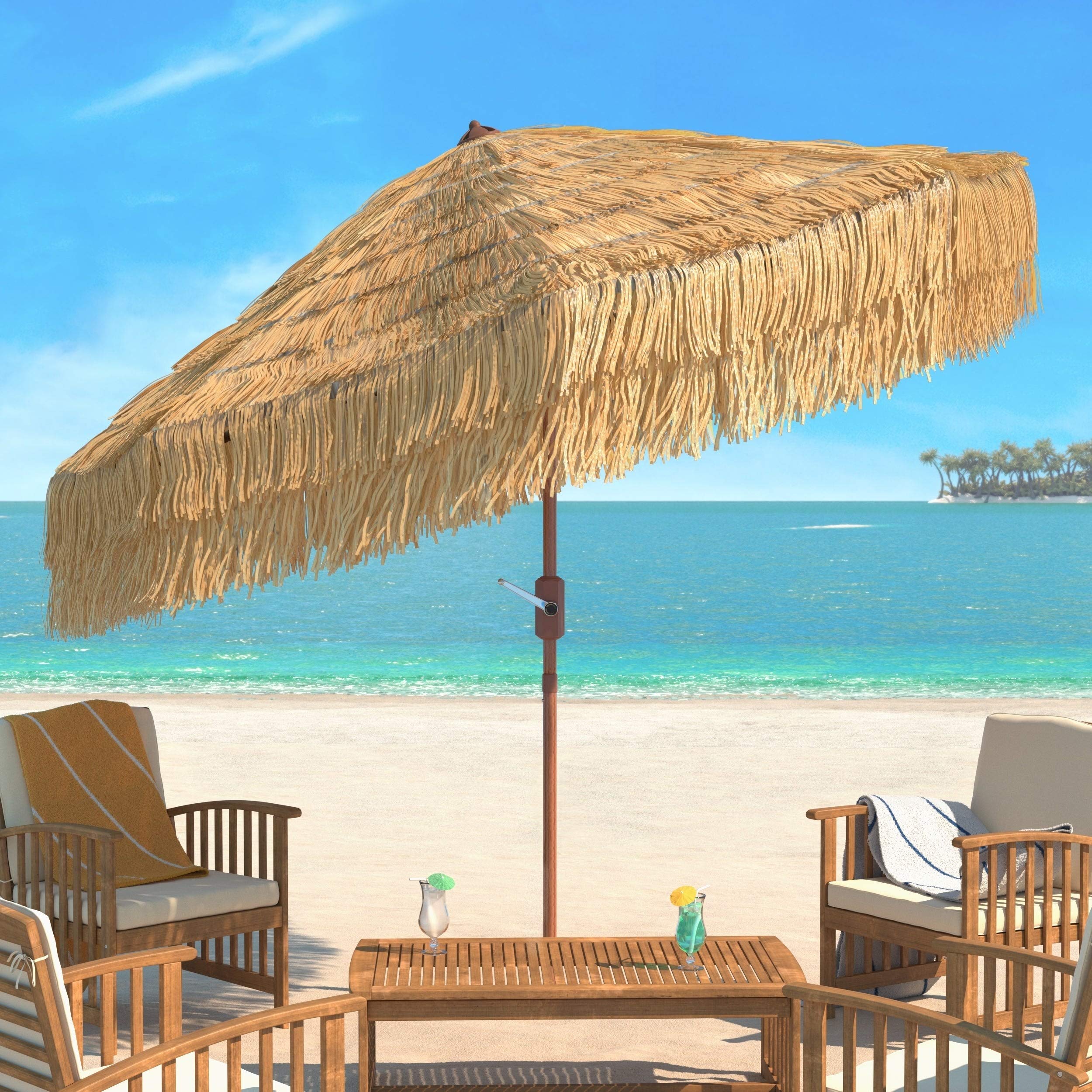 9ft Brown Octagonal Crank Tiki Umbrella - UV Resistant & Waterproof Aluminum Polyester Canopy for Beach, Pool, and Outdoor Patio - Tropical Themed Shade Solution