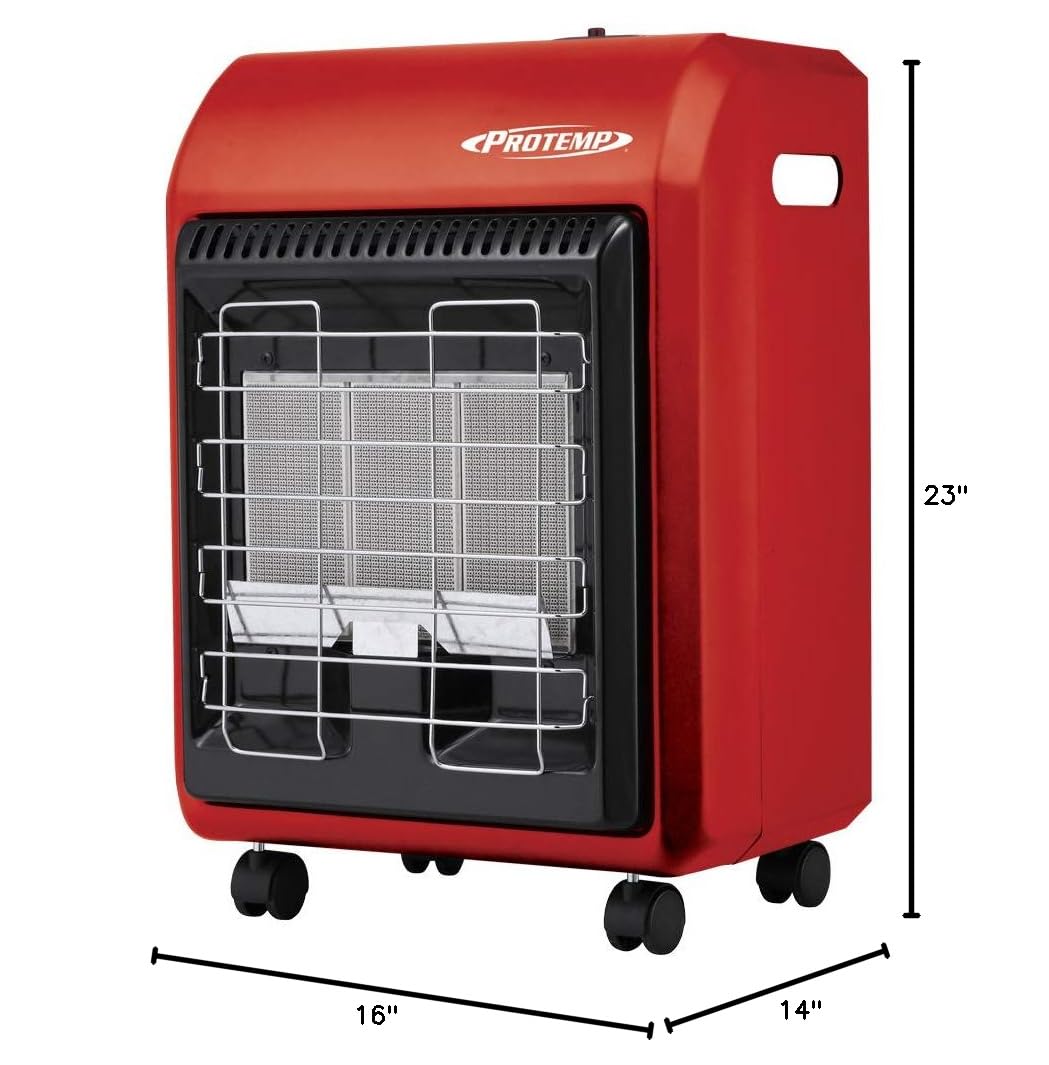 ProTemp 18,000 BTU Portable Propane Outdoor Cabinet Heater with 3 Heat Settings & Locking Casters - Covers 450 Sq.Ft (Red) - Perfect for Patios, Garages, and Workspaces