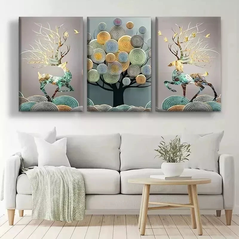 3-Piece Abstract Chinese Feng Shui Golden Money Tree Wall Art Set - Framed Canvas 50x70cm - High Quality Print - 100% Australian Made - Ready to Hang - Perfect for Home Decor, Office Feng Shui & Wealth Attraction