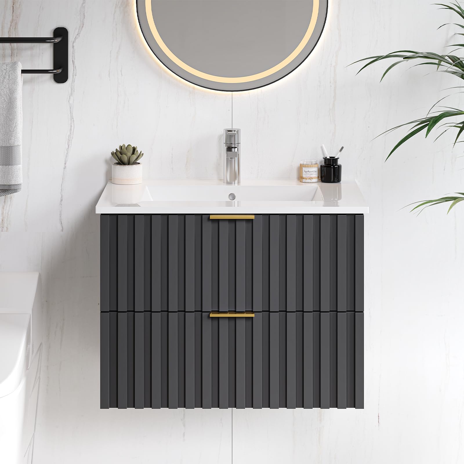 24 Inch Floating Bathroom Vanity with Sink Combo - Modern Wall Mount Storage Cabinet with 2 Fluted Drawers, Metal Handles & Ceramic Integrated Sink - Space Saving Design for Small Bathrooms, Powder Rooms or Apartments (Black)