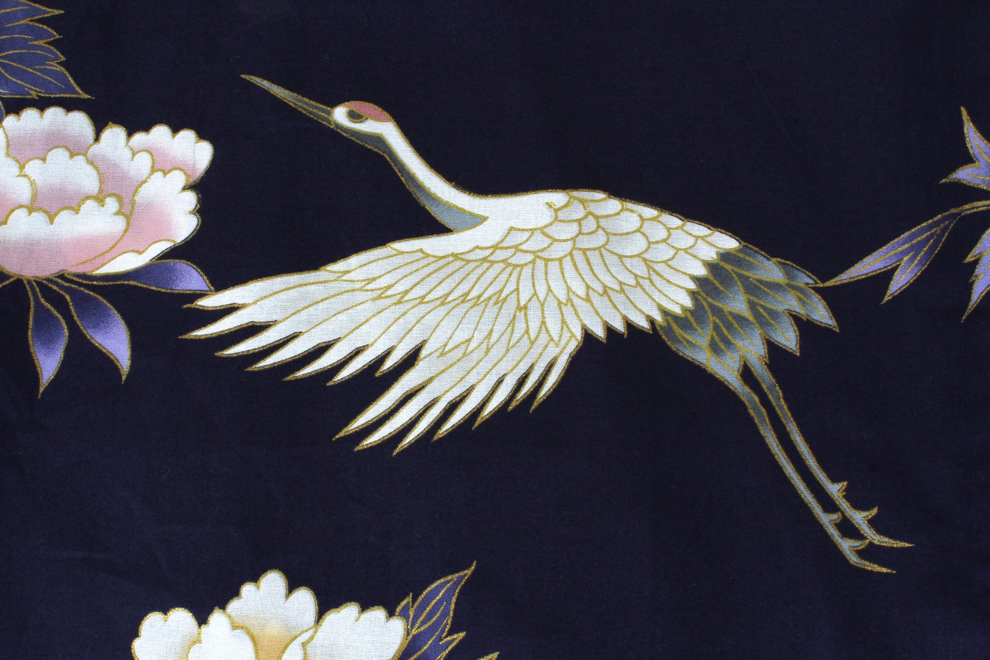 Women's Cotton Kimono Yukata Robe - Navy Blue with Crane & Peony Floral Print - Medium (56