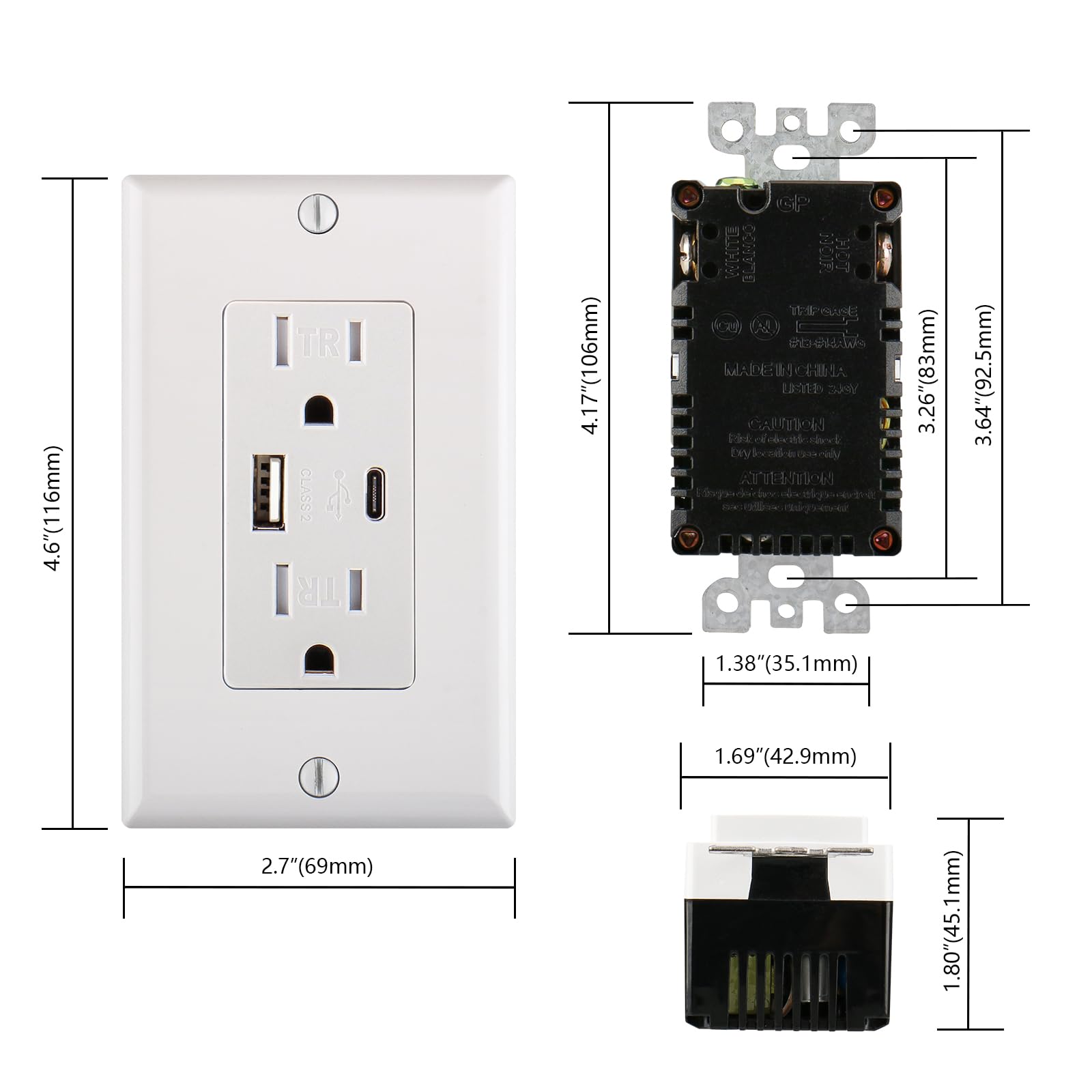 2-Pack USB Outlet Receptacles with USB-C & USB-A Ports - 15A/125V AC, 4.2A Fast Charging - ETL Listed Electrical Socket with Wall Plate (White) - Perfect for Bedrooms, Kitchens & Home Offices