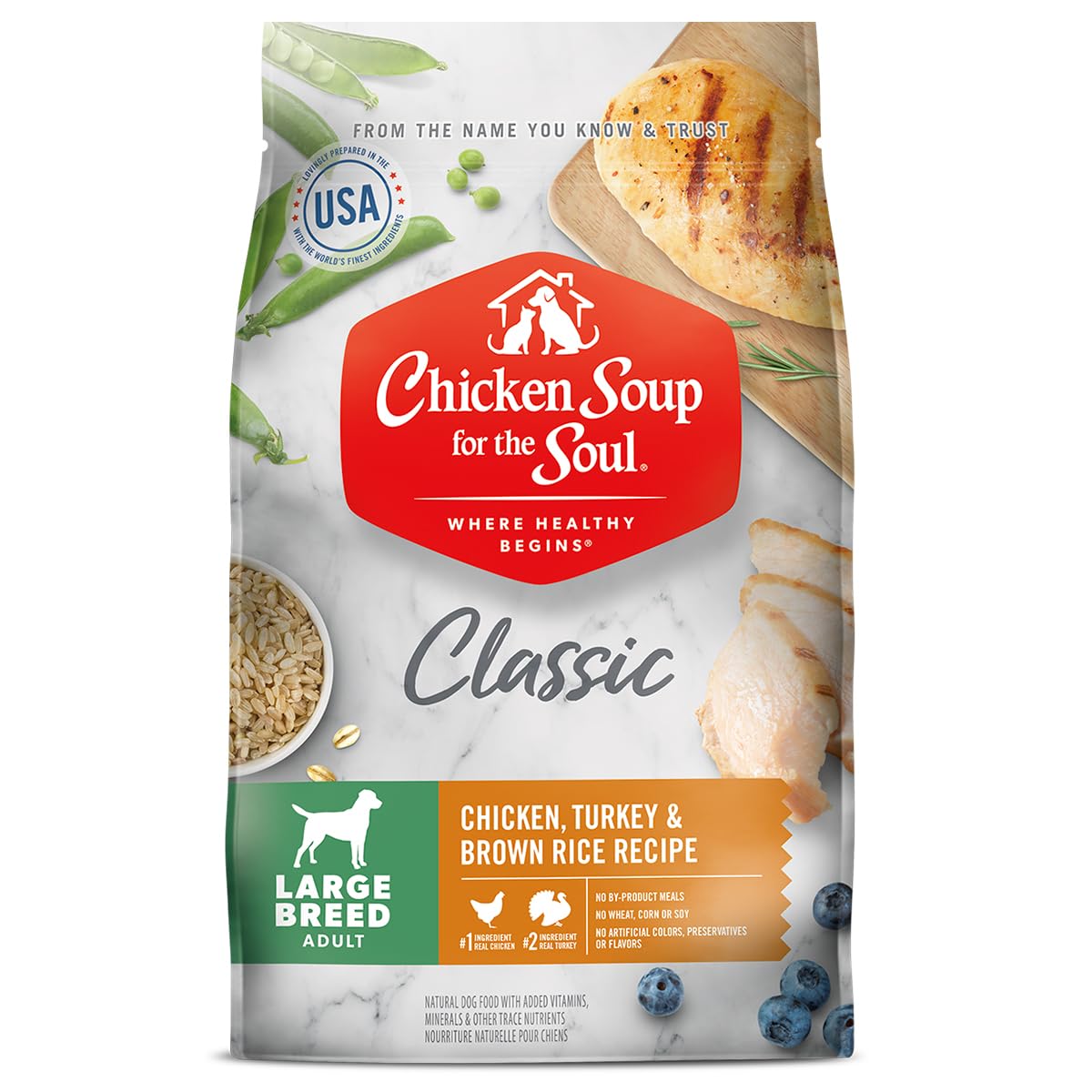 Premium Chicken Soup for The Soul Classic Dry Large Breed Adult Dog Food - Chicken, Turkey & Brown Rice Recipe, 40lb Bag | Soy Free, Corn Free, Wheat Free | Made with Real Ingredients for Healthy Joints & Shiny Coat | Ideal for Active Large Breed Dogs at Home or Outdoor Adventures