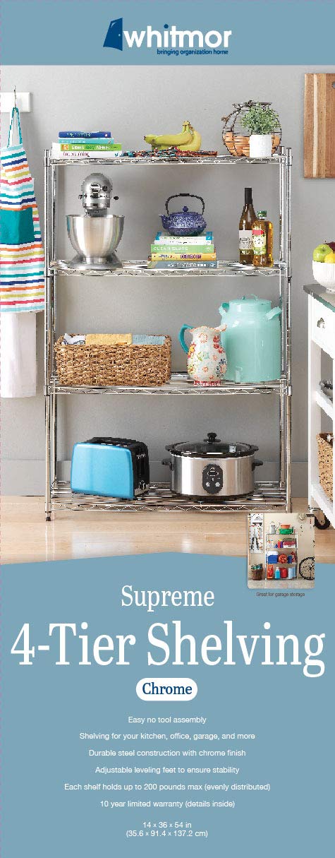 Whitmor 4-Tier Heavy Duty Metal Wire Shelving Unit - Easy Assembly Storage Rack for Pantry, Kitchen, Garage & Plant Organization | Space-Saving Home & Office Storage Solution