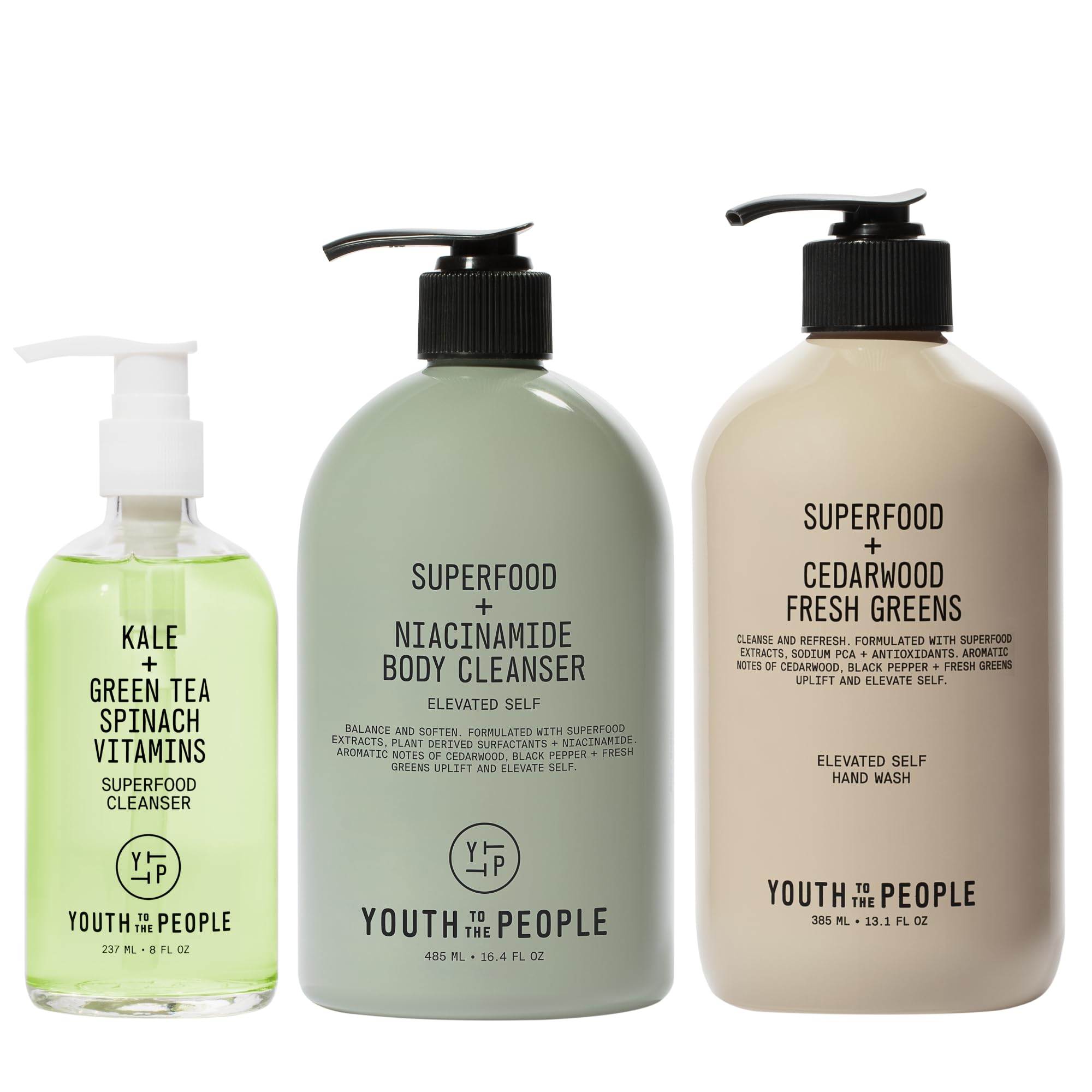 Youth To The People Superfood Cleansing Trio - Vegan Skincare Bundle with Kale + Green Tea Facial Cleanser (8oz), Body Wash (16.4oz) & Antioxidant Hand Soap (13.1oz) - Gentle Daily Cleanse for Face, Body & Hands - Perfect for Sensitive Skin & Eco-Conscious Beauty Routines
