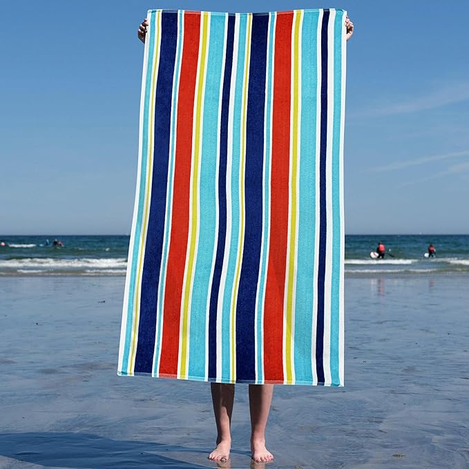 Oceana Stripe Oversized Cotton 2 Piece Beach Towel Set - Soft Quick Dry Bath Towels for Pool, Beach, Vacation & Spa - Perfect Summer Accessories