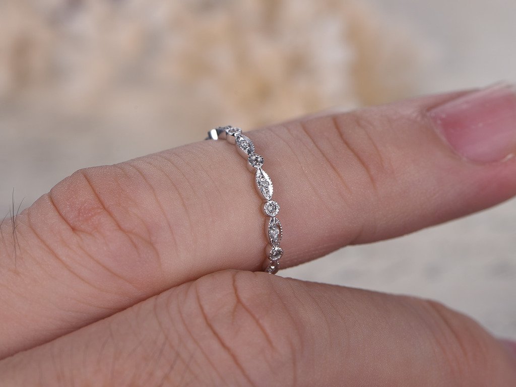 Blue Aquamarine Wedding Ring Set - 6x11mm Emerald Cut Gemstone & Diamond Band in White Gold for Stacking & Bridal Jewelry