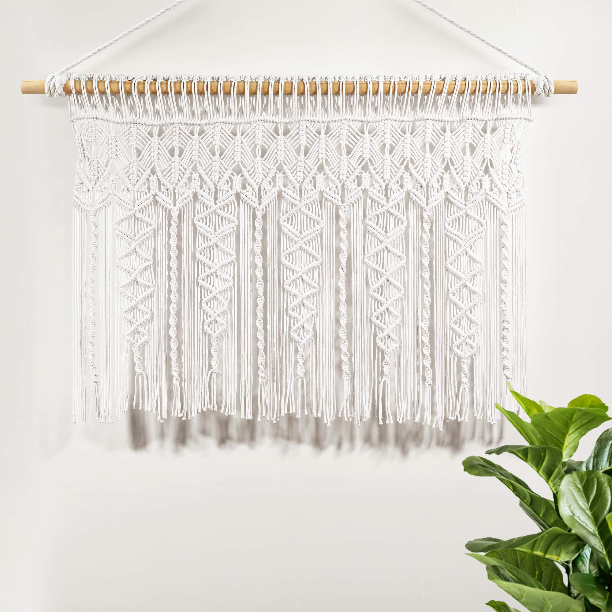 Lush Decor Boho Macrame Textured Cotton Valance - 40 Inch Wide x 30 Inch Long White Window Curtain - Bohemian Kitchen Decor, Bathroom Window Treatment & Wall Hanging for Bedroom, Living Room