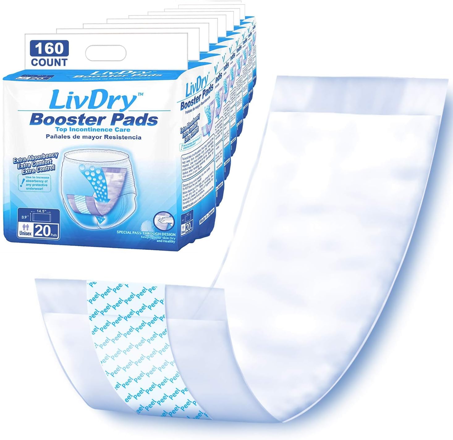 LivDry Incontinence Booster Pads for Adults - 160 Count Disposable Absorbent Pads for Women & Men | Extra Soft & Comfortable | Works with Adult Diapers | Ideal for Overnight Protection, Travel & Daily Use