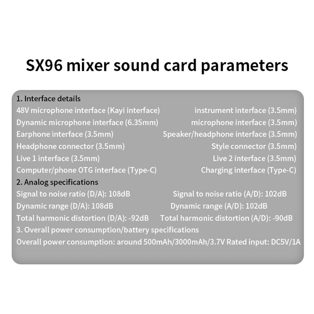 JUFUM SX96 Professional 48V Phantom Power Sound Card - Metal & Plastic Portable Audio Mixer for Outdoor Singing, Home Karaoke, Live Streaming & Podcasting